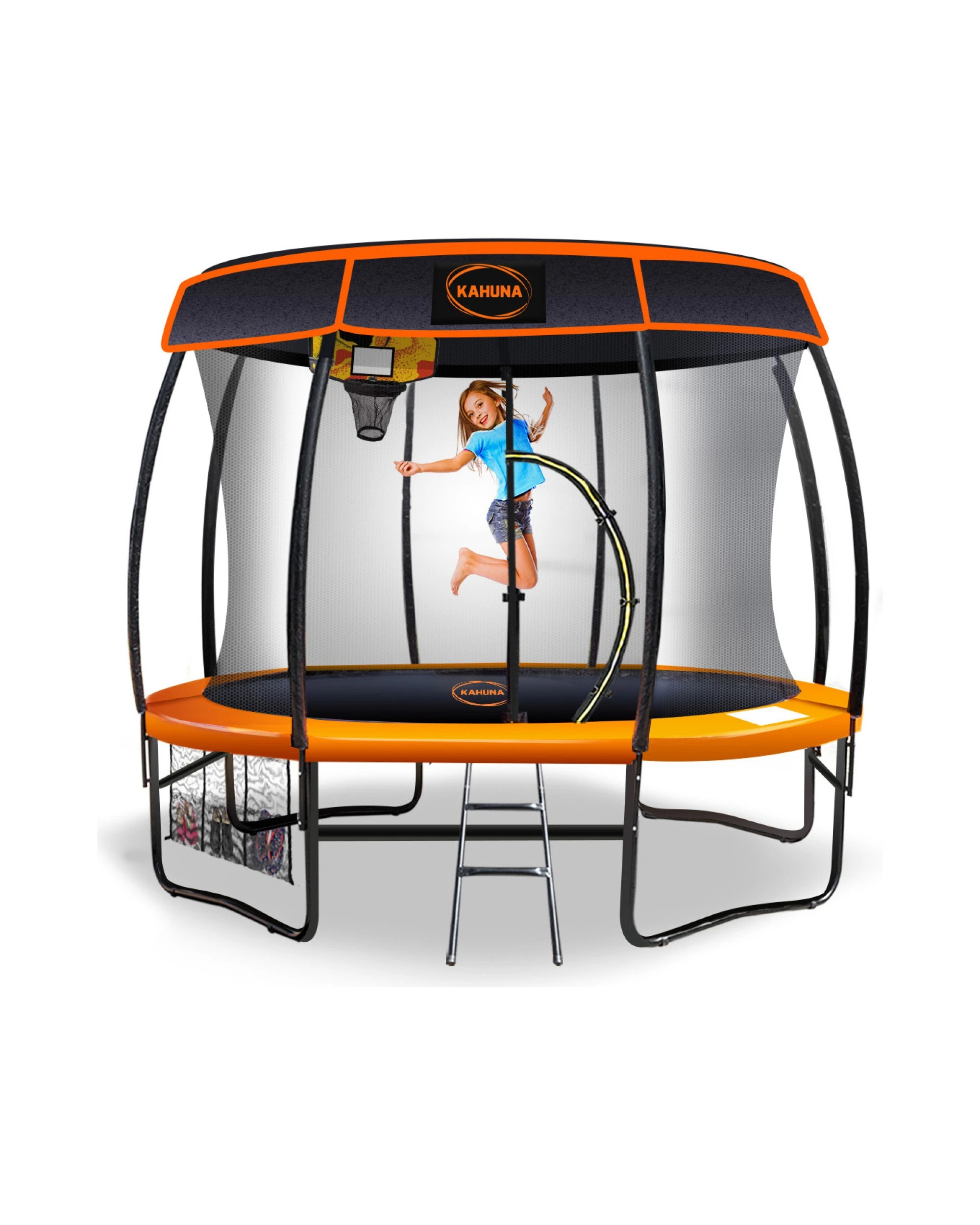 1 Kahuna Trampoline 10 ft with Basketball Set and Roof - Orange, 1 of 6