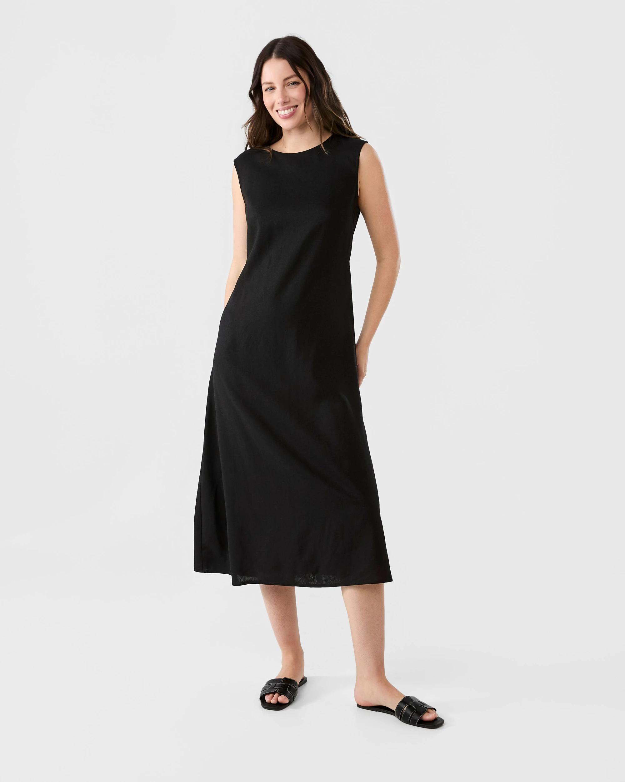 1 Sleeveless Linen Blend Crew Tie Back Midi Dress Black, 1 of 6