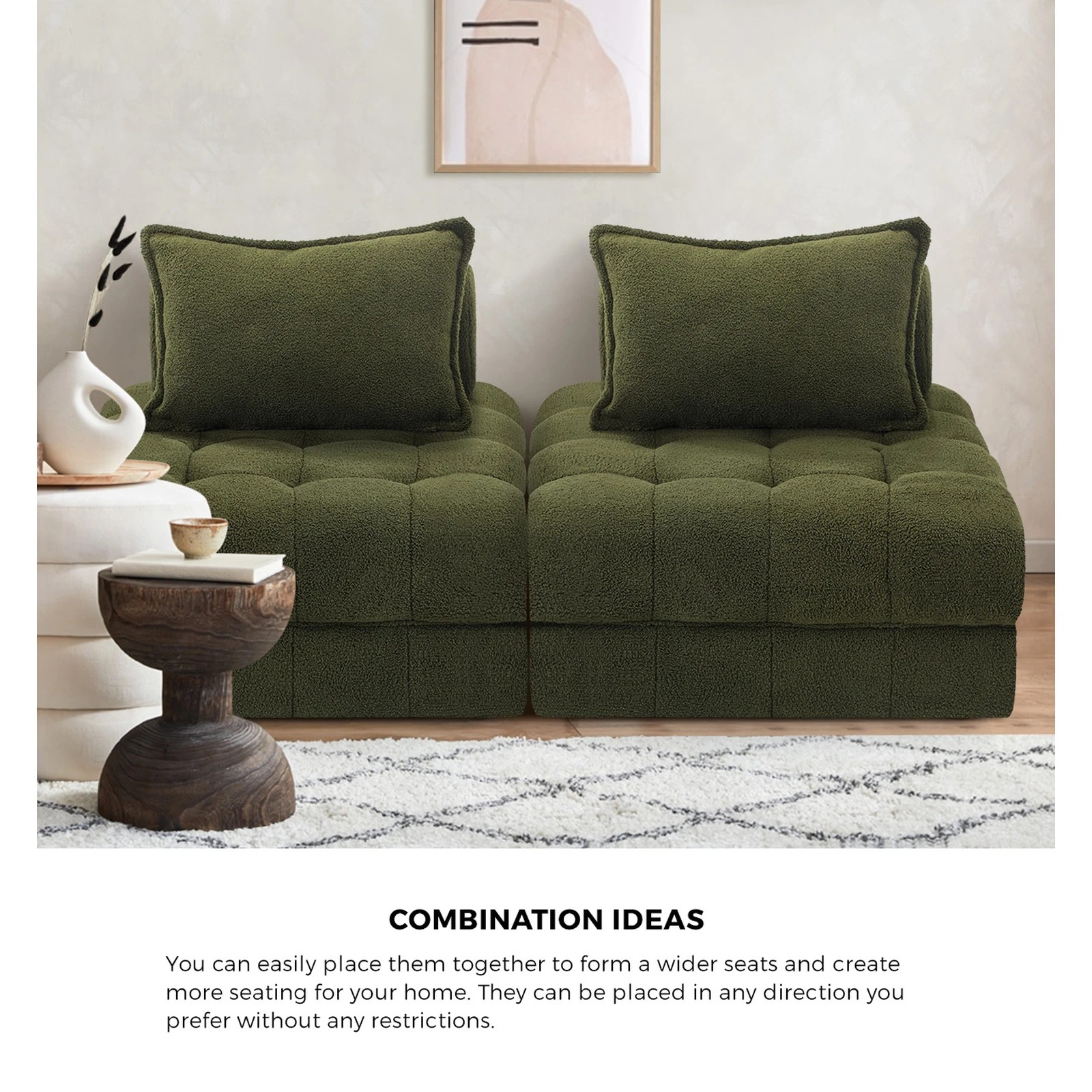 3 Oikiture 3 Seater Boucle Modular Sofa Lounge Chair Armless Tofu Back
 - Green, 3 of 10