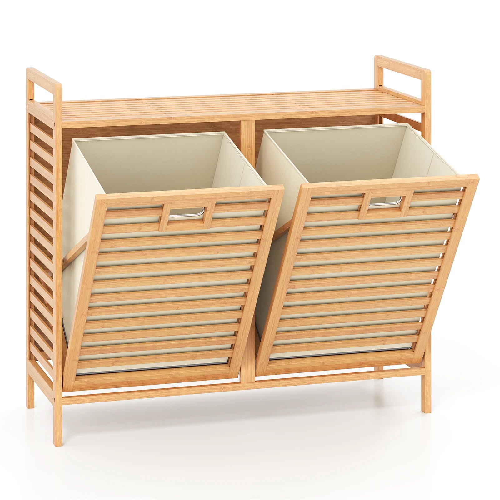 1 Costway 75L Bamboo Laundry Hamper Double Tilt-out Cabinet w/2 Removable Bins - Natural, 1 of 6
