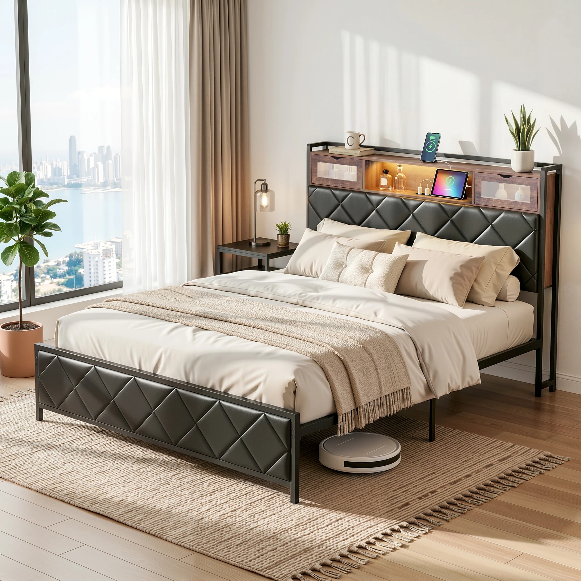 9 Artiss Queen Bed Frame with LED Lights and Storage Headboard Charging Station - Black, 9 of 9