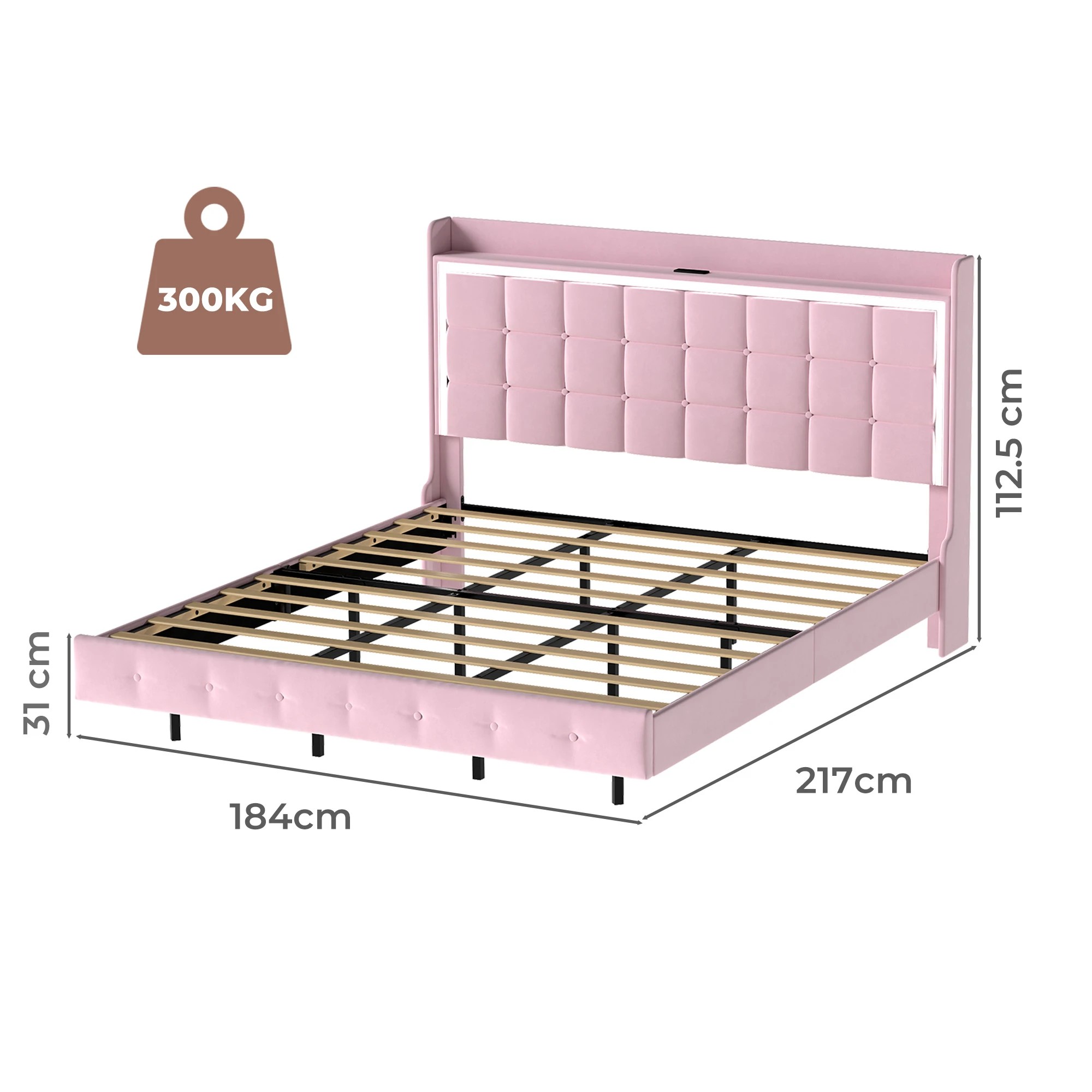 3 Levede King  Bed Frame with LED and Charging Station - Pink, 3 of 9