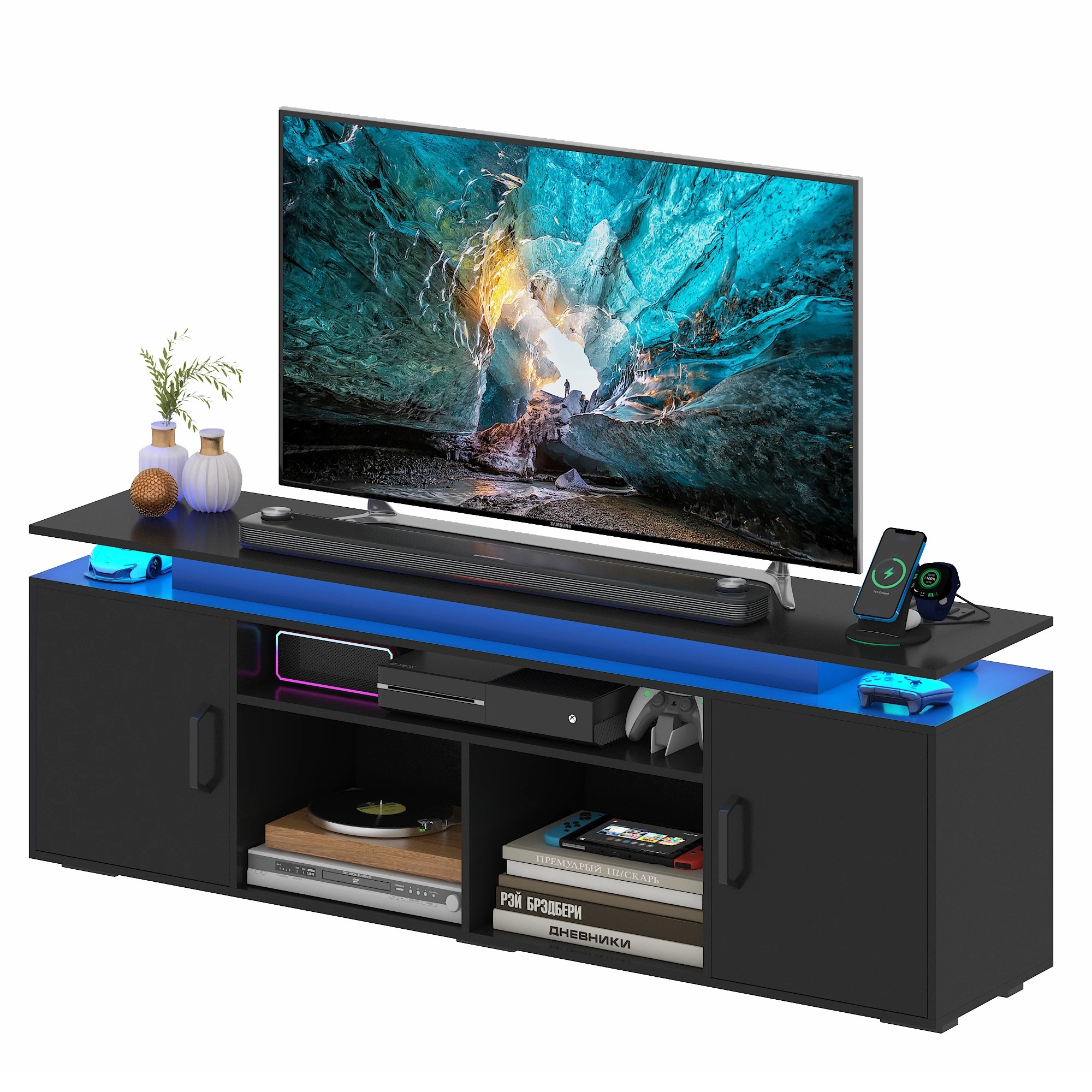 3 Advwin LED TV Cabinet 140cm Entertainment Center TV Stand Media Console Table Storage Cabinets - Black, 3 of 9