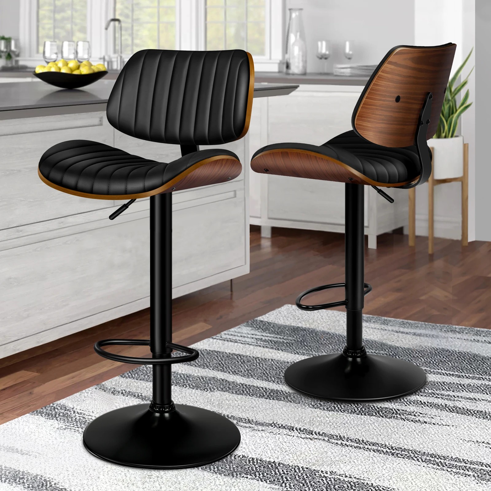 7 Alfordson 2x Bar Stools Kitchen Swivel Chair Wooden Leather Gas Lift - Black, 7 of 9