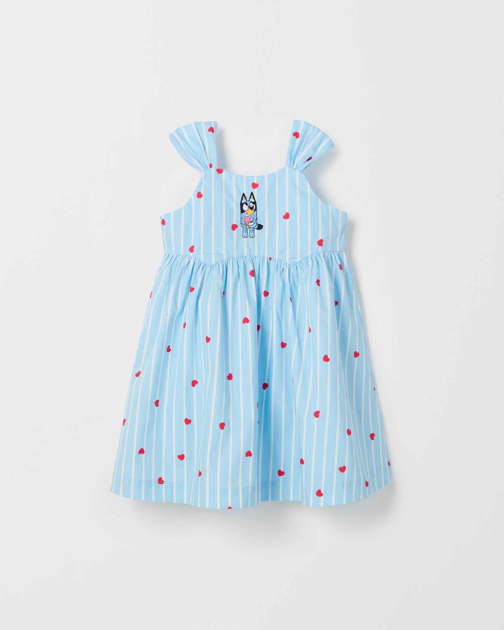 1 Bluey Australian Cotton Sleeveless Dress BLUE WHITE STRIPE HEARTS, 1 of 2