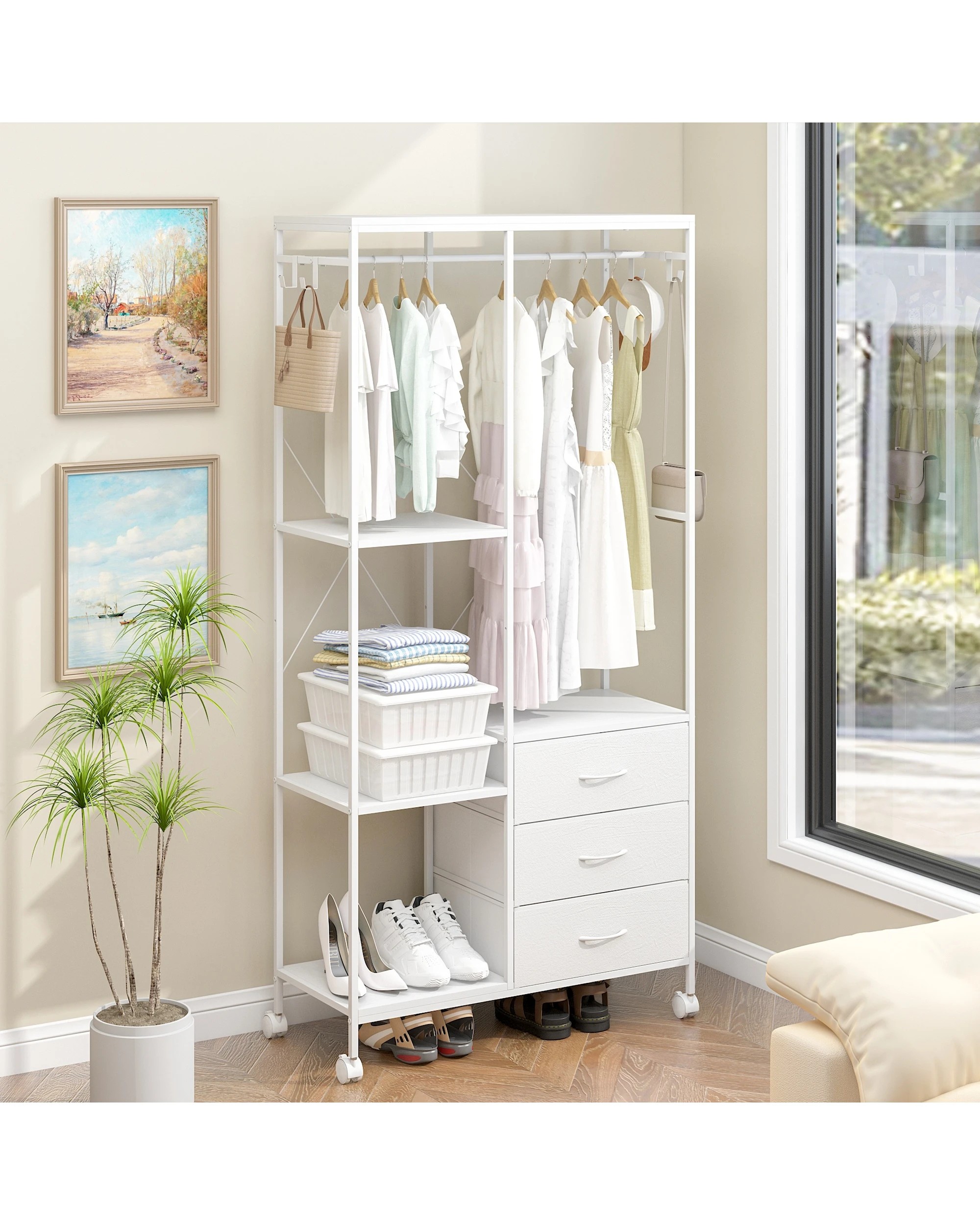 2 Advwin Dresser with Hanging Rack Fabric Chest of Drawers Clothes Rack - White, 2 of 8