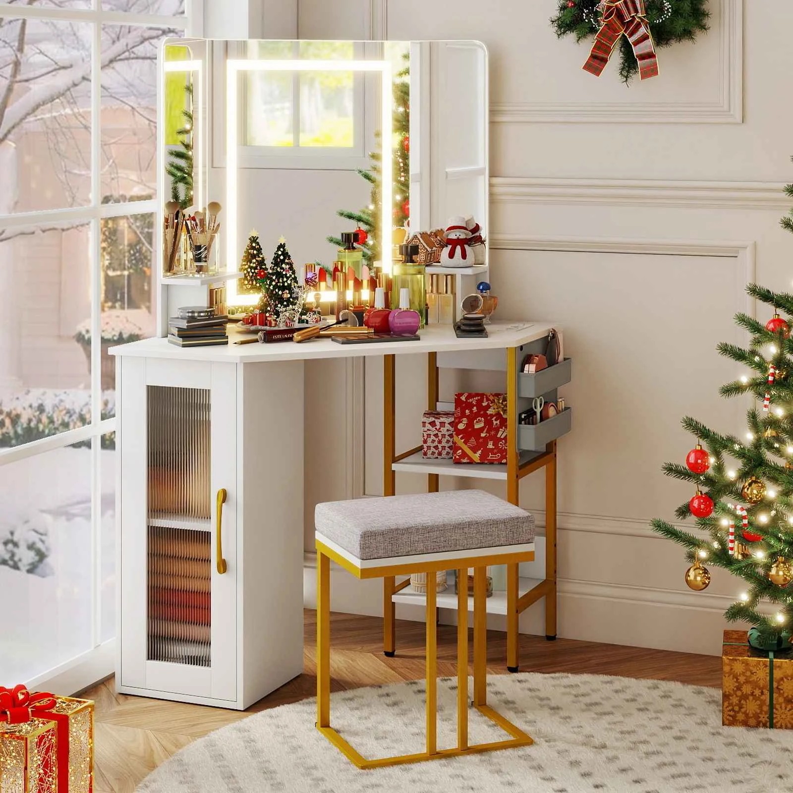 2 Costway Vanity Desk Set w/Triple Mirror & Lights Corner Dressing Table & Chair, 2 of 6