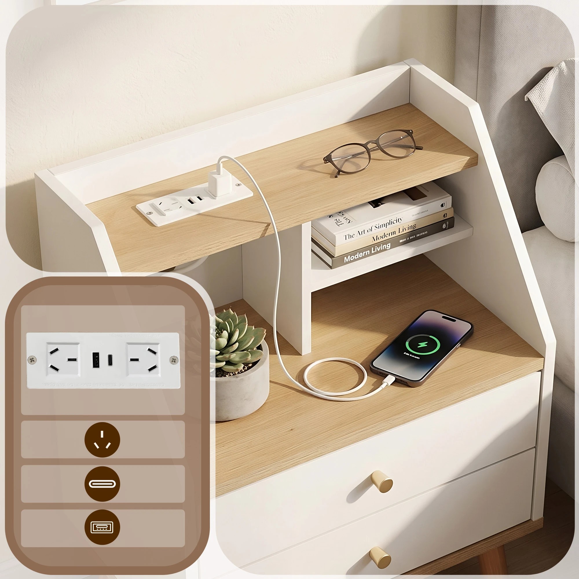 6 Artiss Bedside Table 2 Drawers Charging Station - White, 6 of 8