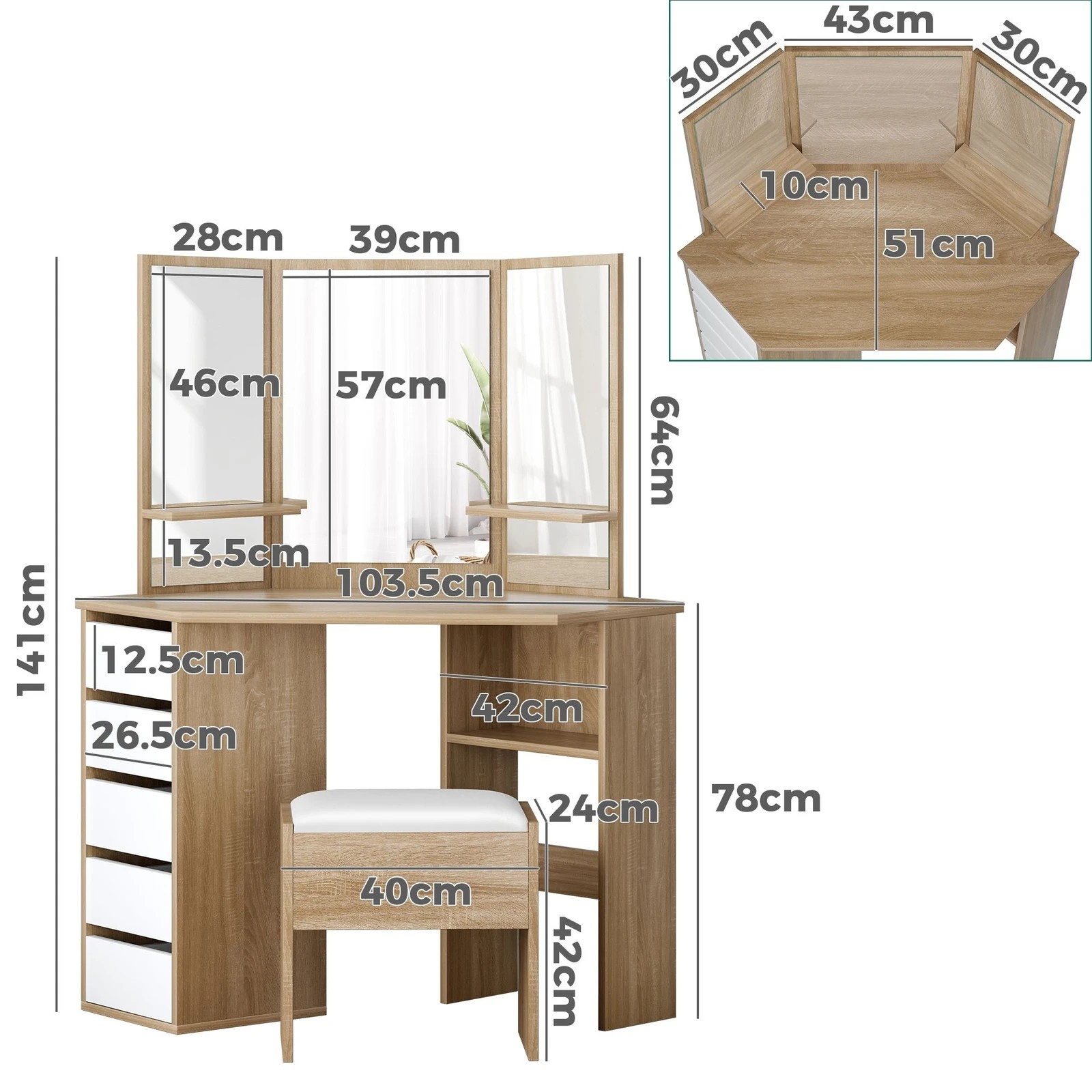 9 Alfordson Dressing Table Stool Set Makeup Tri-fold Mirror Vanity Desk - Oak, 9 of 10