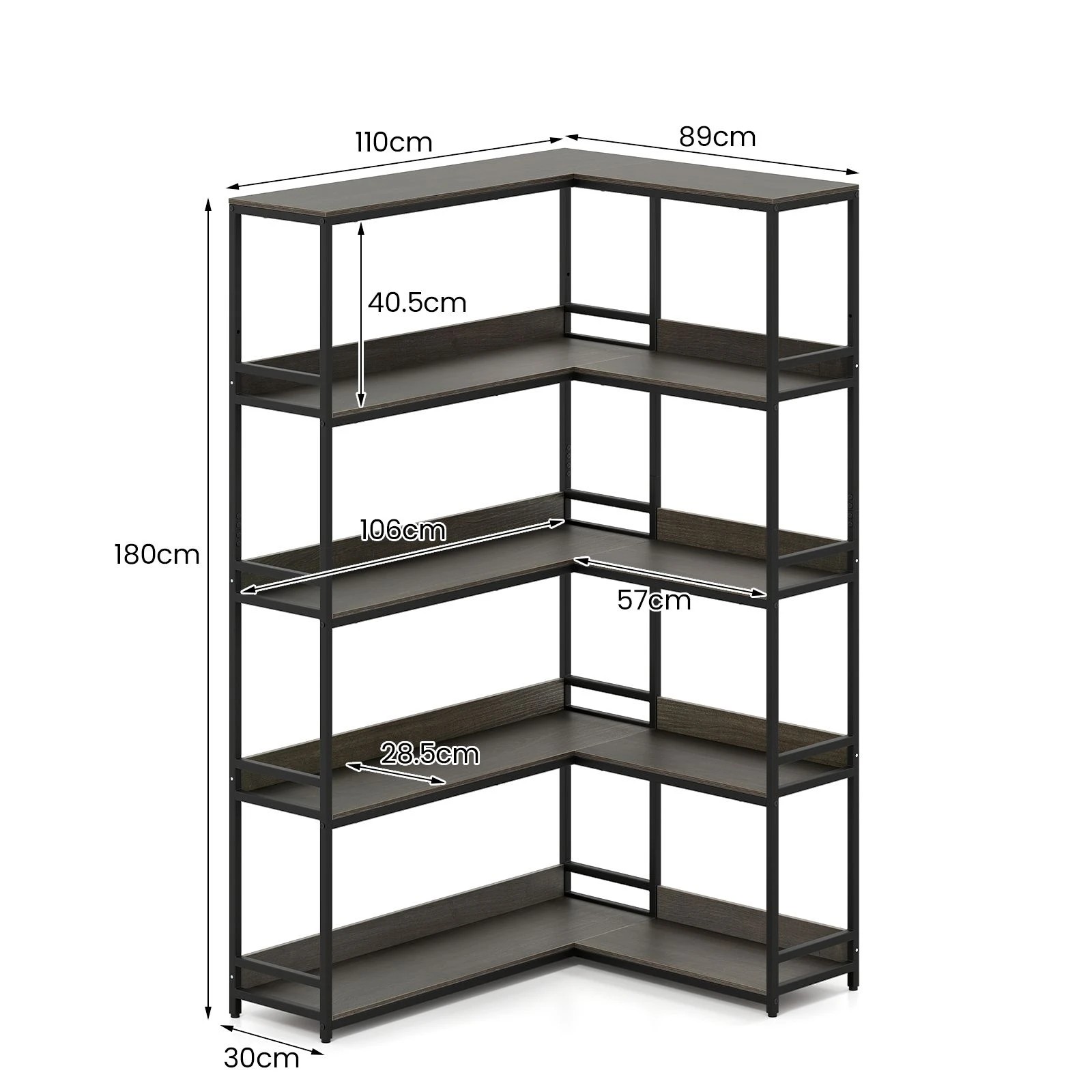 2 Costway 180CM Corner Bookshelf 5-Tier L-Shaped Utility Shelves Metal Frame Bookcase, 2 of 4