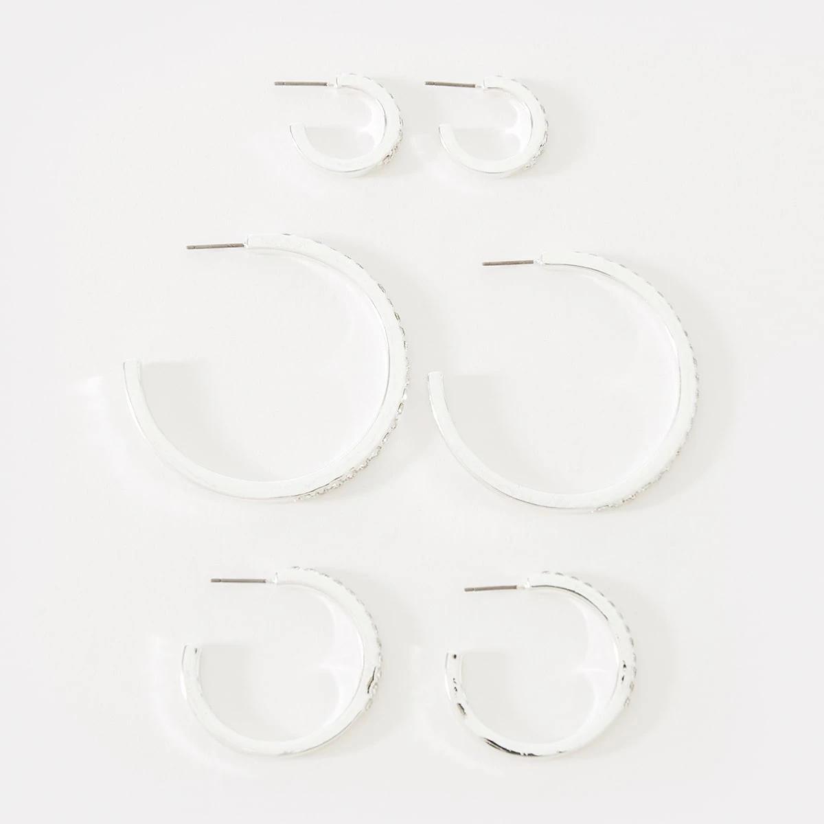 1 3 Pack Diamante Hoop Earrings - Silver Tone Silver, 1 of 5
