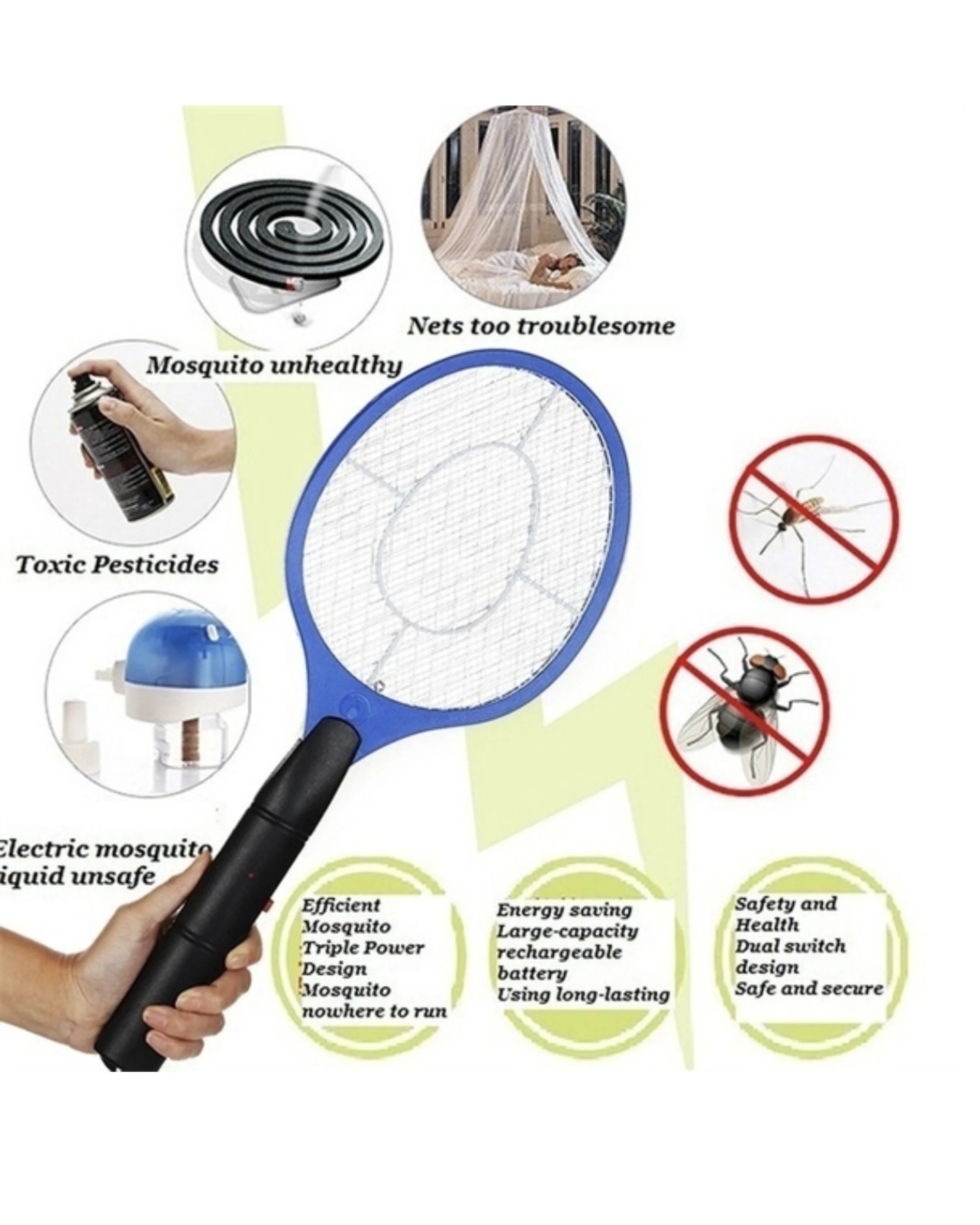 2 BR Outdoor Electric Insect Zapper Racket with Swatter Net for Mosquitoes and Flies, 2 of 8