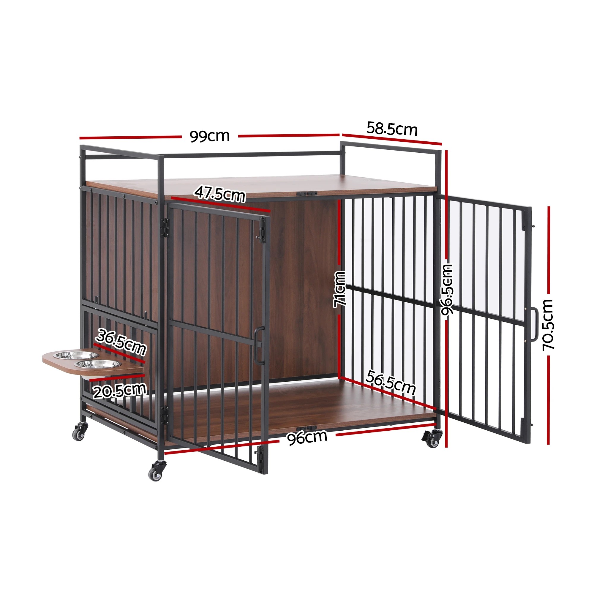 3 i.Pet 2-in-1 Wooden Dog Crate 99cm Pet Cage Furniture End Table Wheels - Multi, 3 of 7