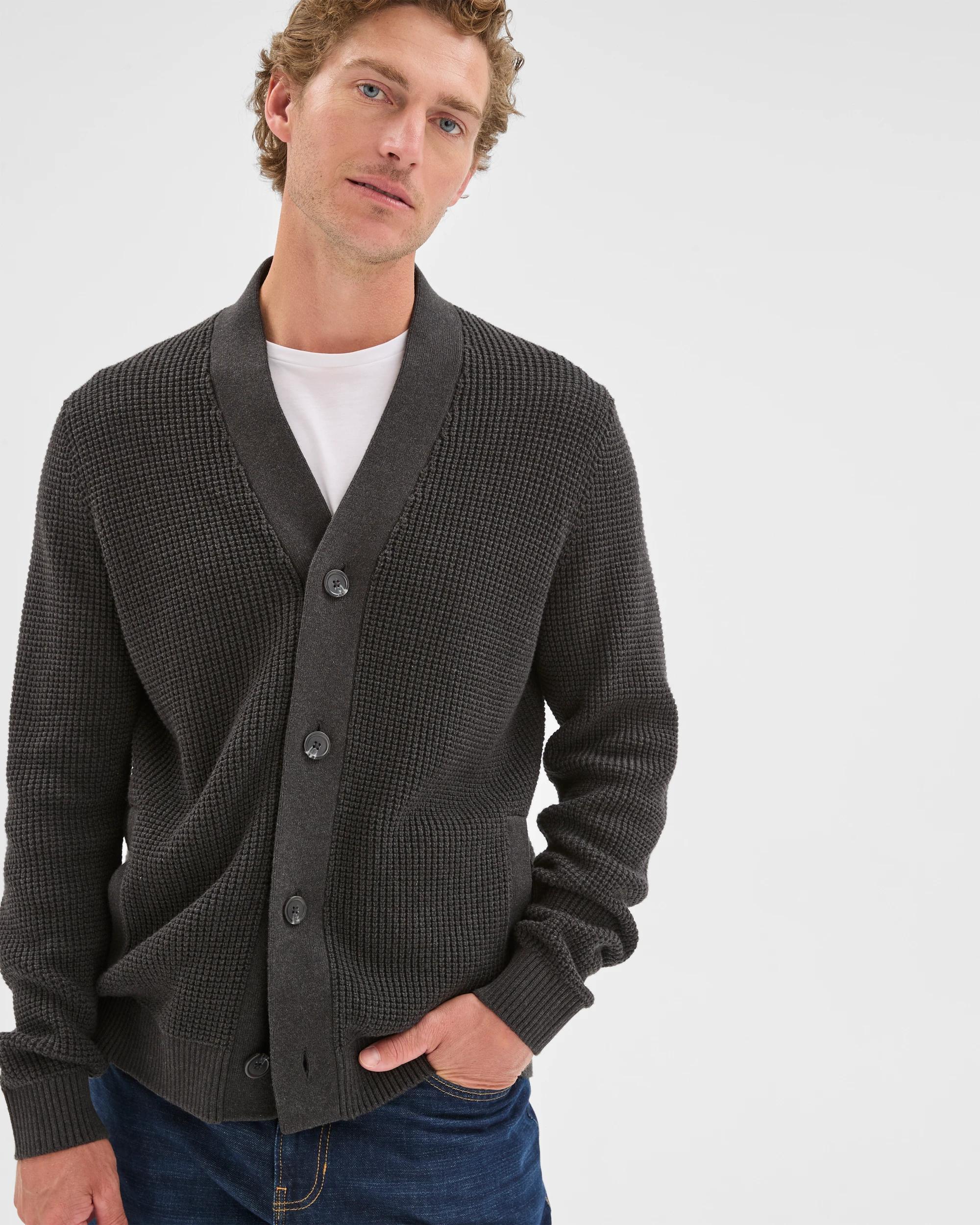 3 Target Man Australian Cotton V-Neck Waffle Knit Cardigan BLACK MARLE, 3 of 7