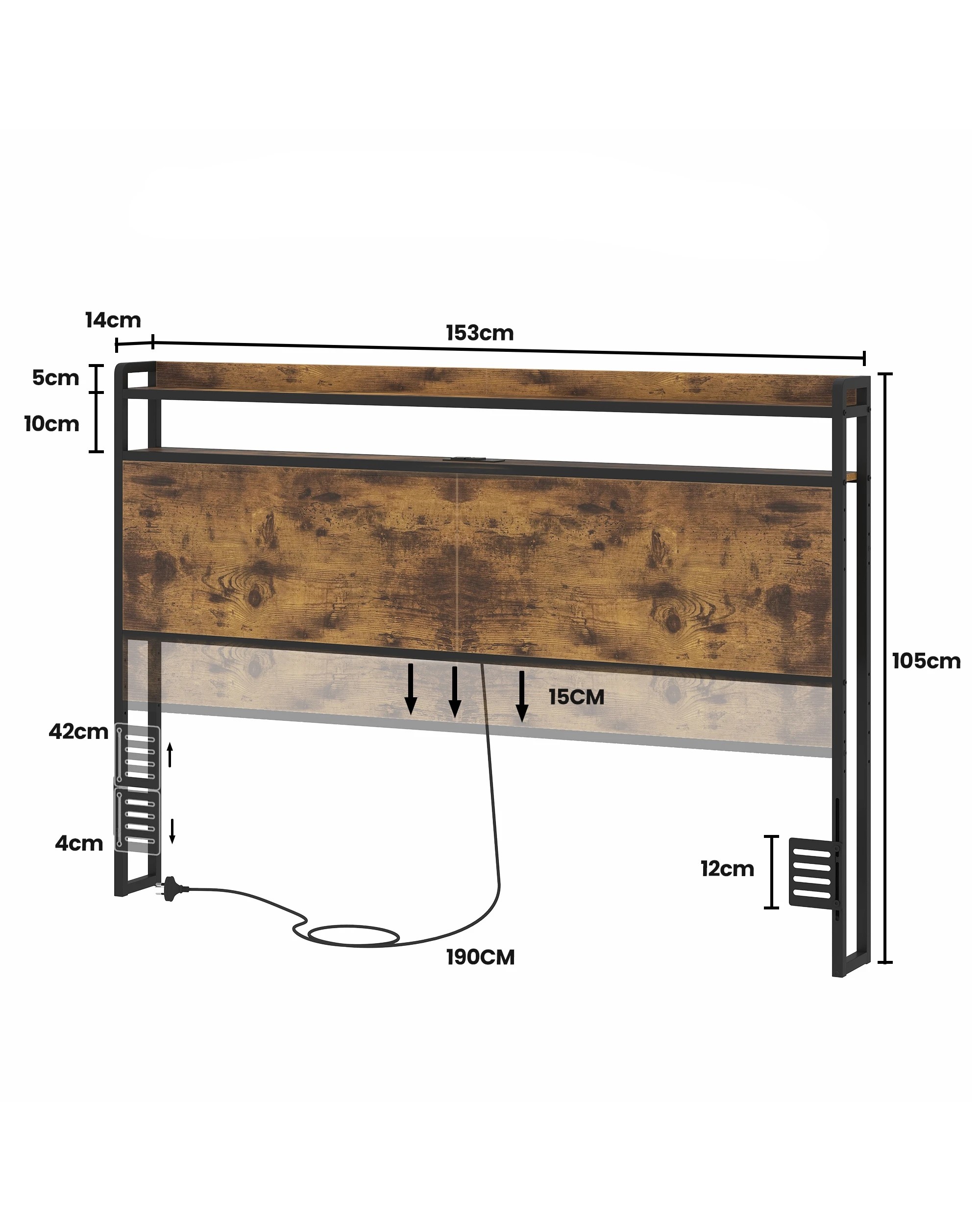 3 Advwin Queen Size Storage Headboard with LED Light Charging Station - Brown, 3 of 5