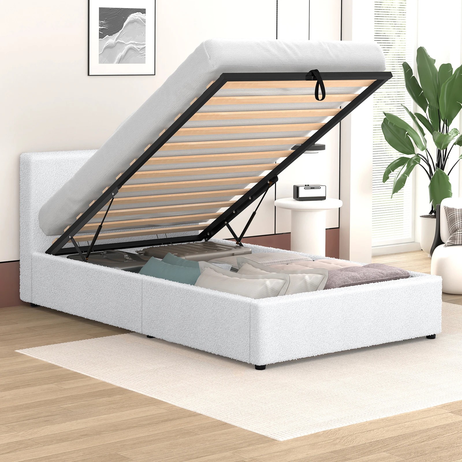 5 Alfordson Bed Frame Single Size Gas Lift Storage Base Boucle Tricia - White, 5 of 10