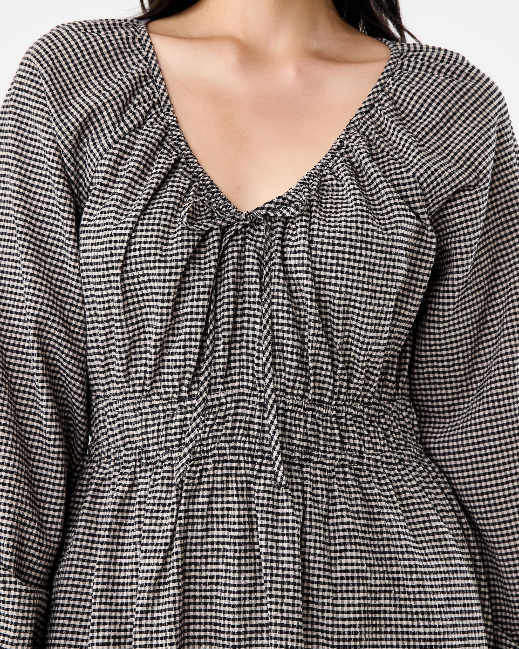 5 Long Sleeve V-Neck Gingham Midi Dress Black Ging, 5 of 7