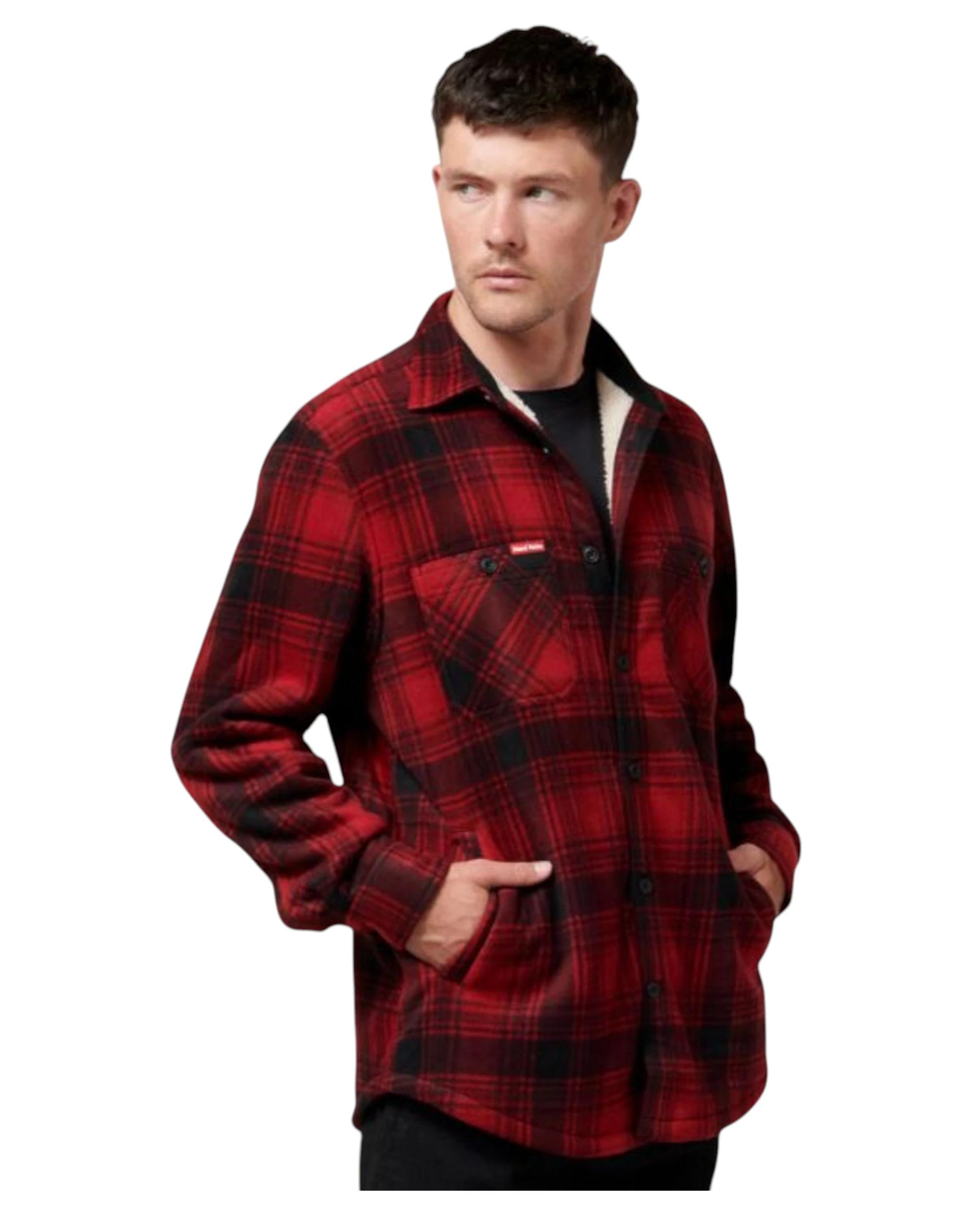 2 Hard Yakka Mens Legends Sherpa Fleece Jacket Shirt Camper Red With Free Beanie CAMPER RED, 2 of 9