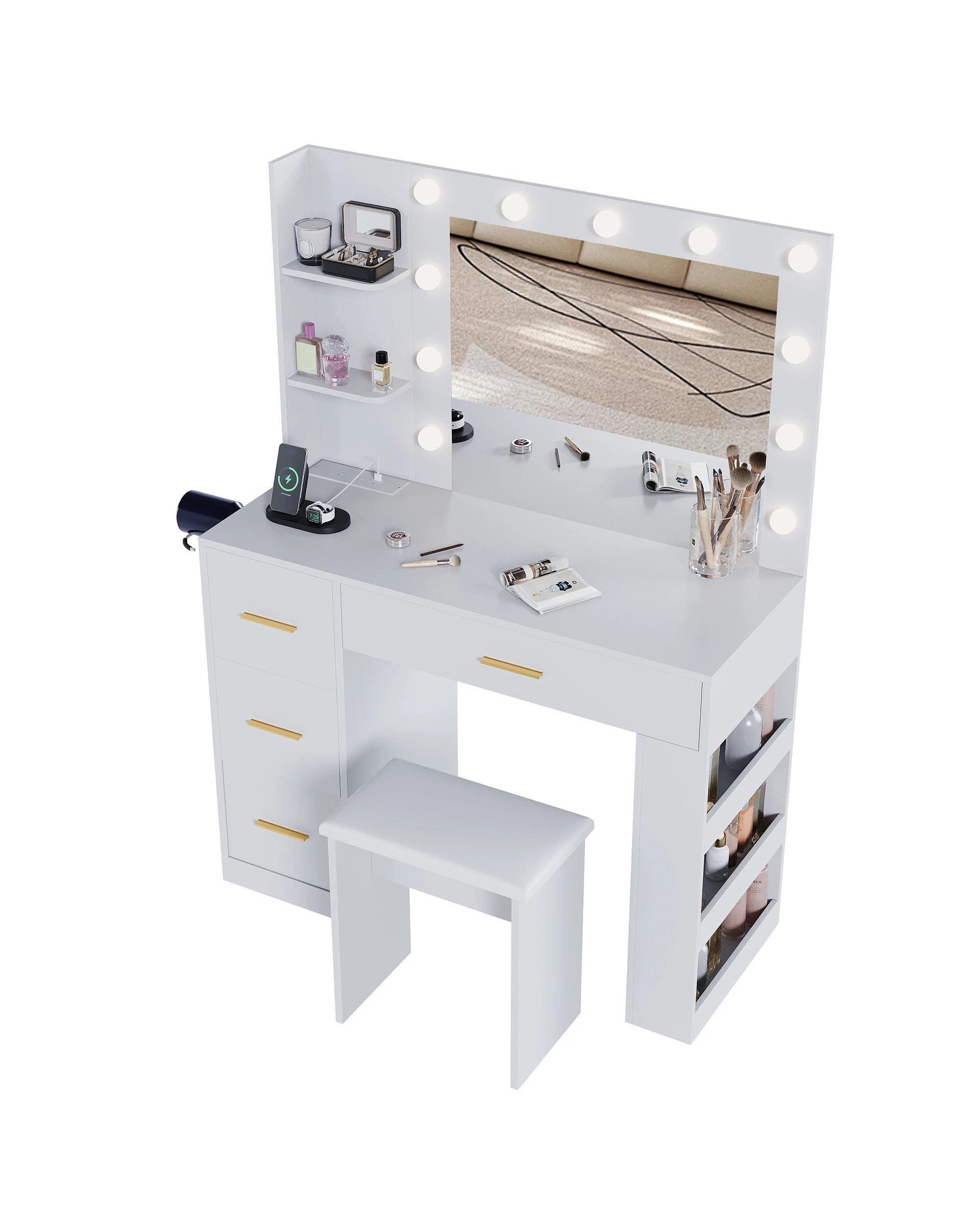 7 Advwin Dressing Table Vanity Desk with Mirror and 11 Bulbs Lights Charging Station - White, 7 of 10