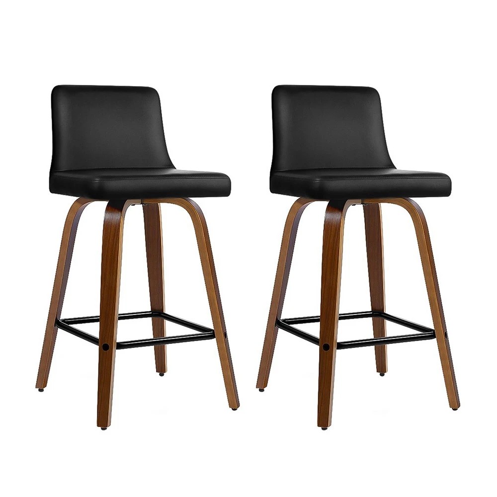 1 Artiss 2x Bar Stools Swivel Leather Padded Wooden - Black, 1 of 6