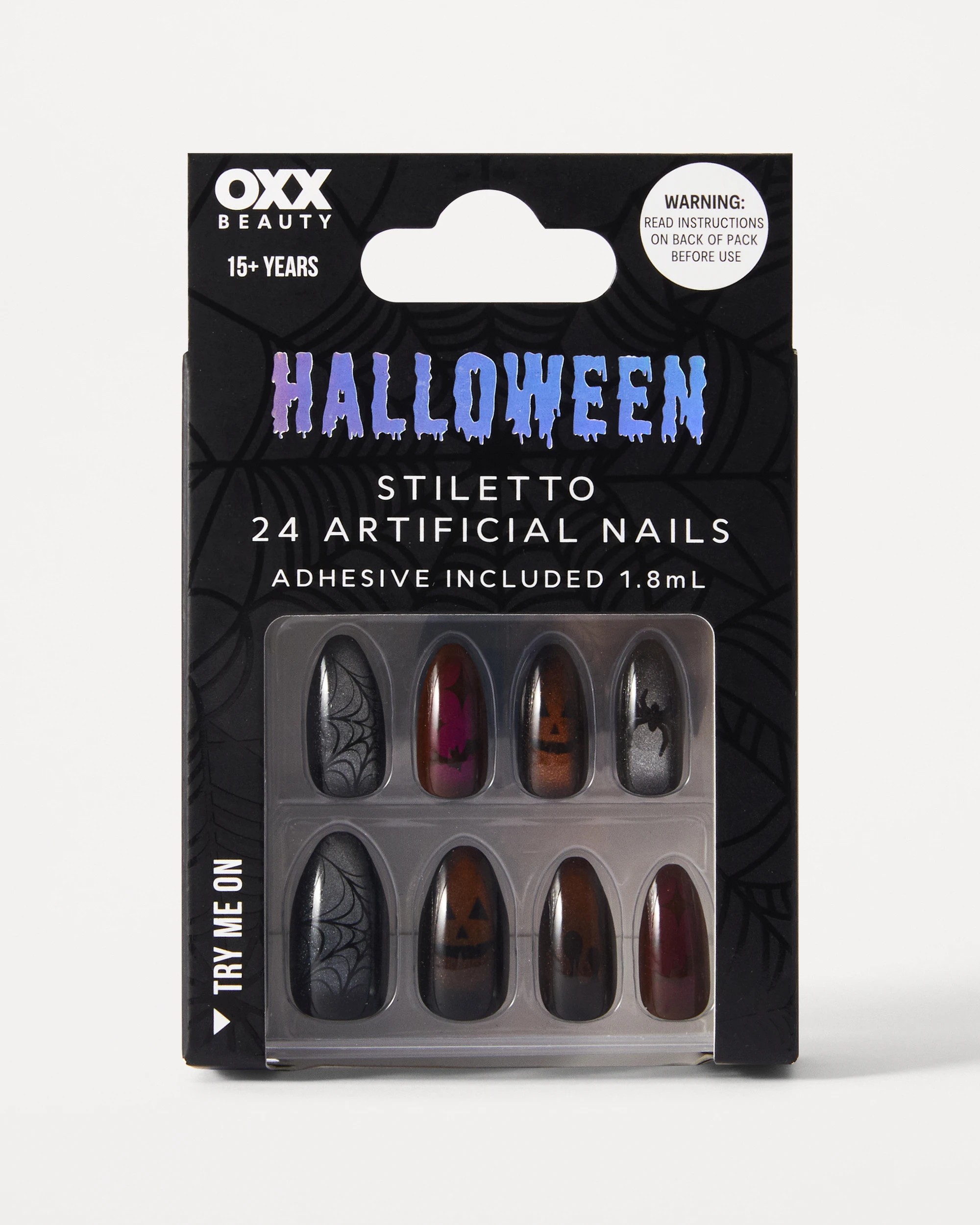 1 OXX Beauty Halloween 24 Pack Artificial Nails with Adhesive - Stiletto Shape, Cat's Eye and Spooky, 1 of 4