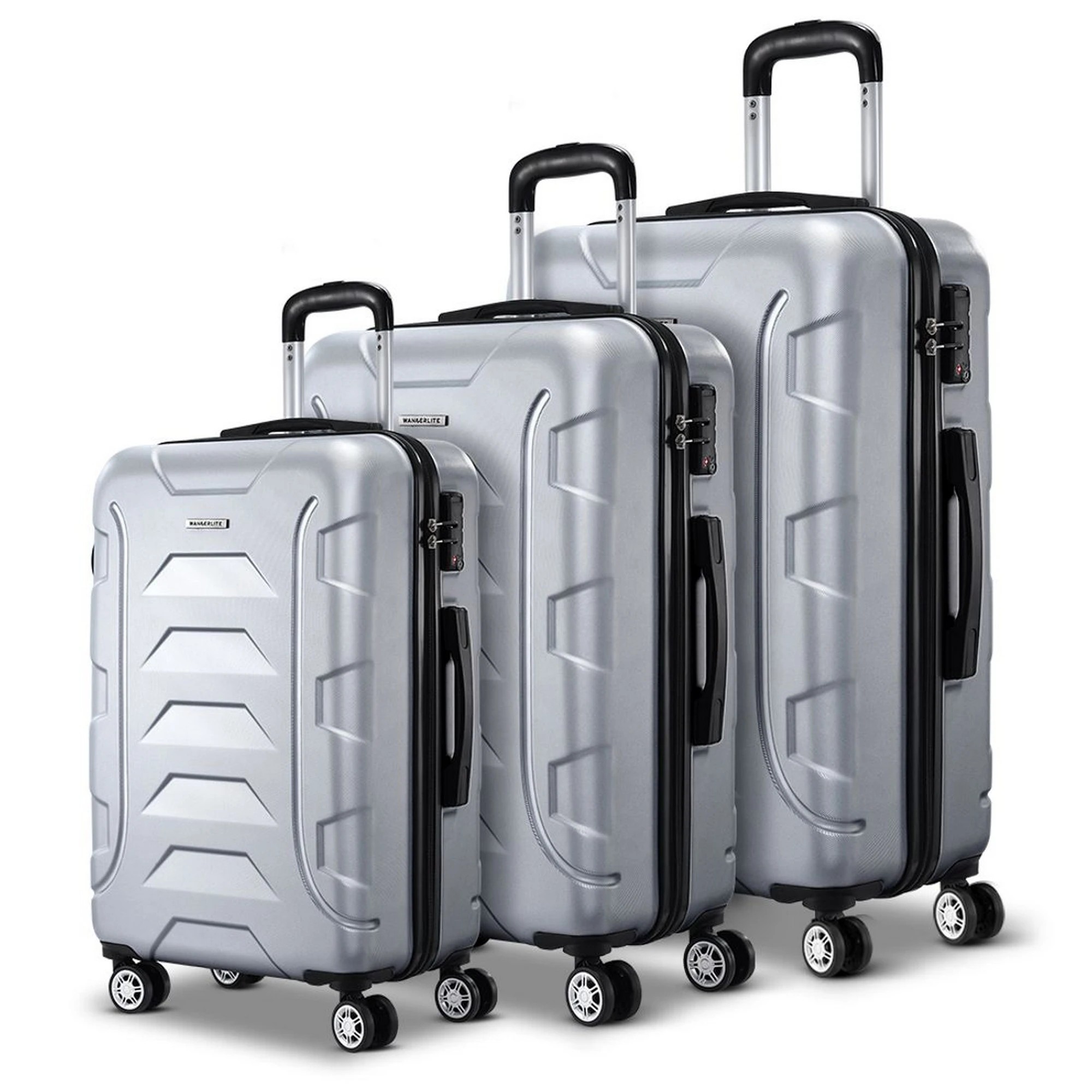 2 Wanderlite 3pc Luggage Trolley Travel Suitcase Set TSA Hard Case Shell Strap - Silver, 2 of 5