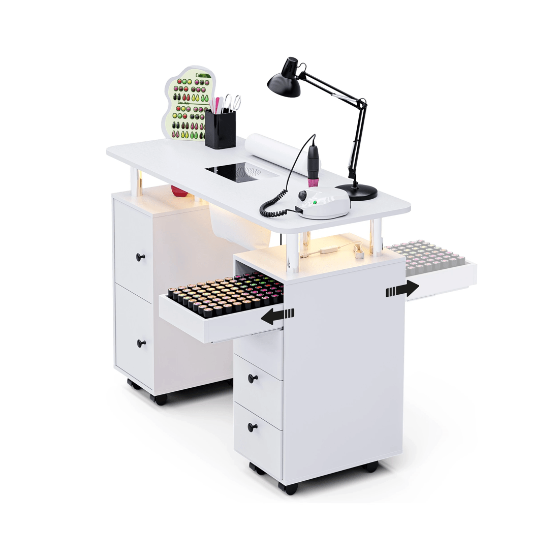 6 Advwin Manicure Table Vanity Desk w/Dust Collector Floating Light Wrist Rest Lockable Wheels Drawers Cabinet - White, 6 of 10