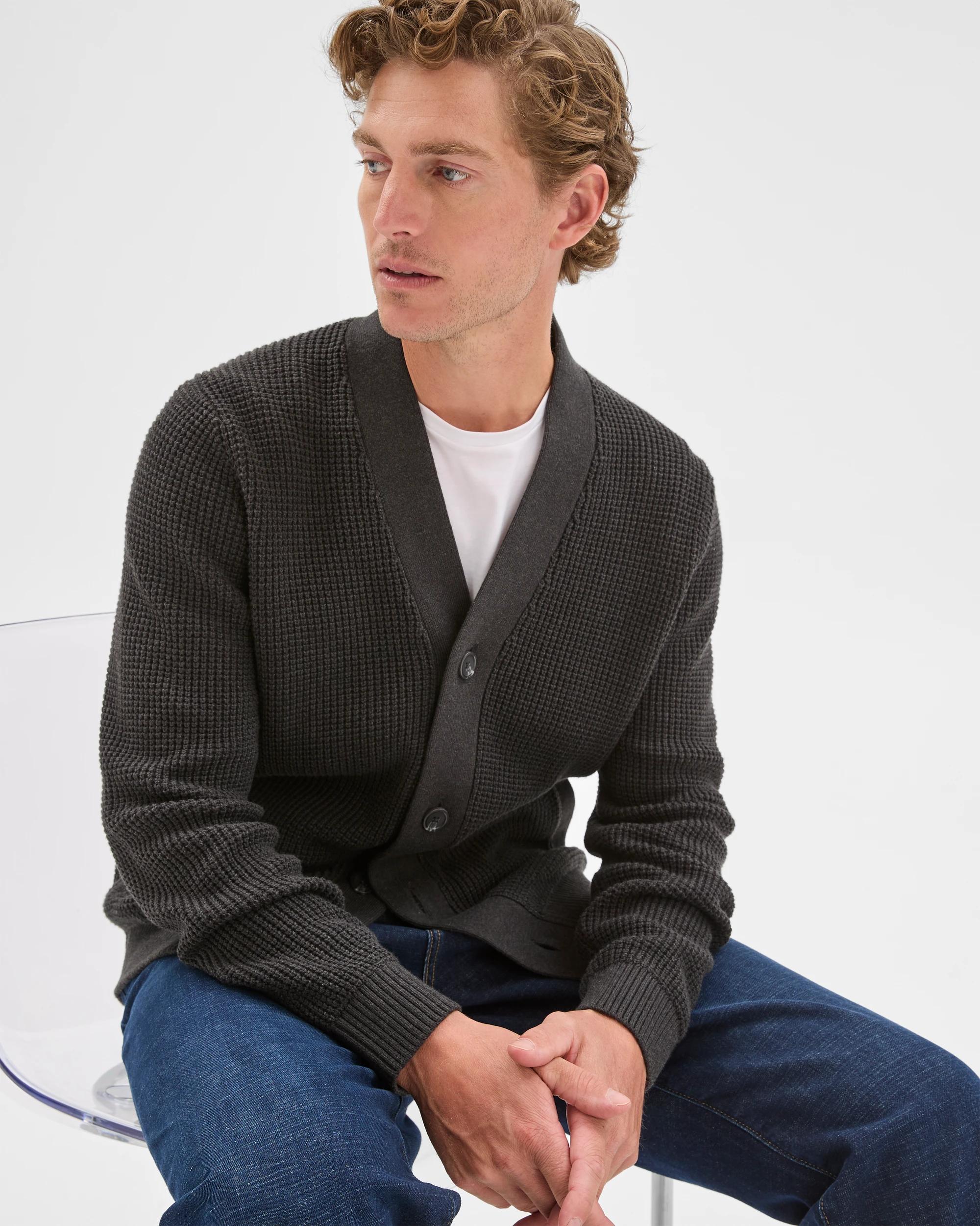 1 Target Man Australian Cotton V-Neck Waffle Knit Cardigan BLACK MARLE, 1 of 7
