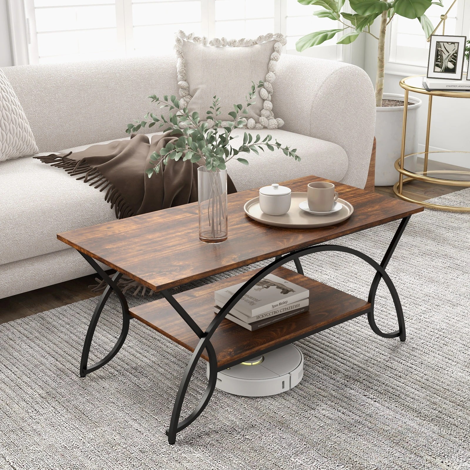 3 Costway 2-Tier Coffee Table Rectangular Cocktail Table w/Arched Metal Frame, 3 of 5