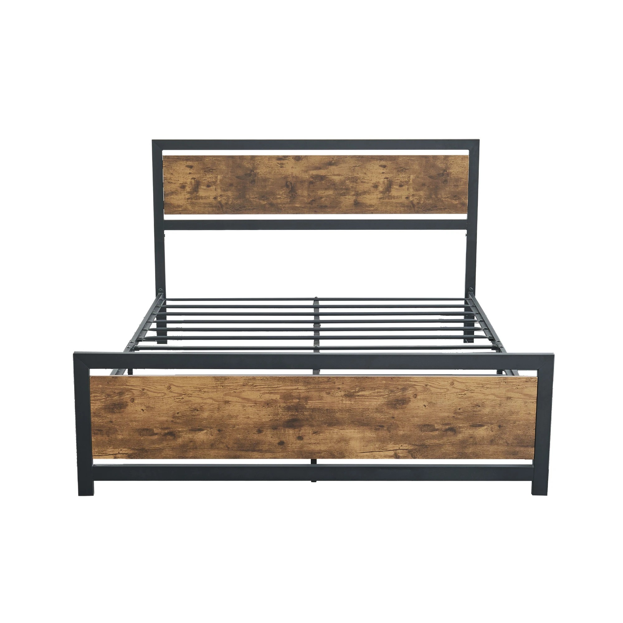 2 Levede Double Size Metal Bed Frame Wooden Brown Headboard Industrial, 2 of 5