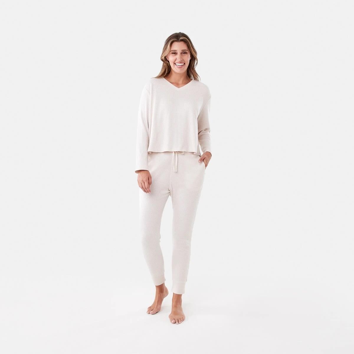 1 Waffle Long Sleeve Top and Pants Lounge Pyjama Set Beige Mrl, 1 of 7