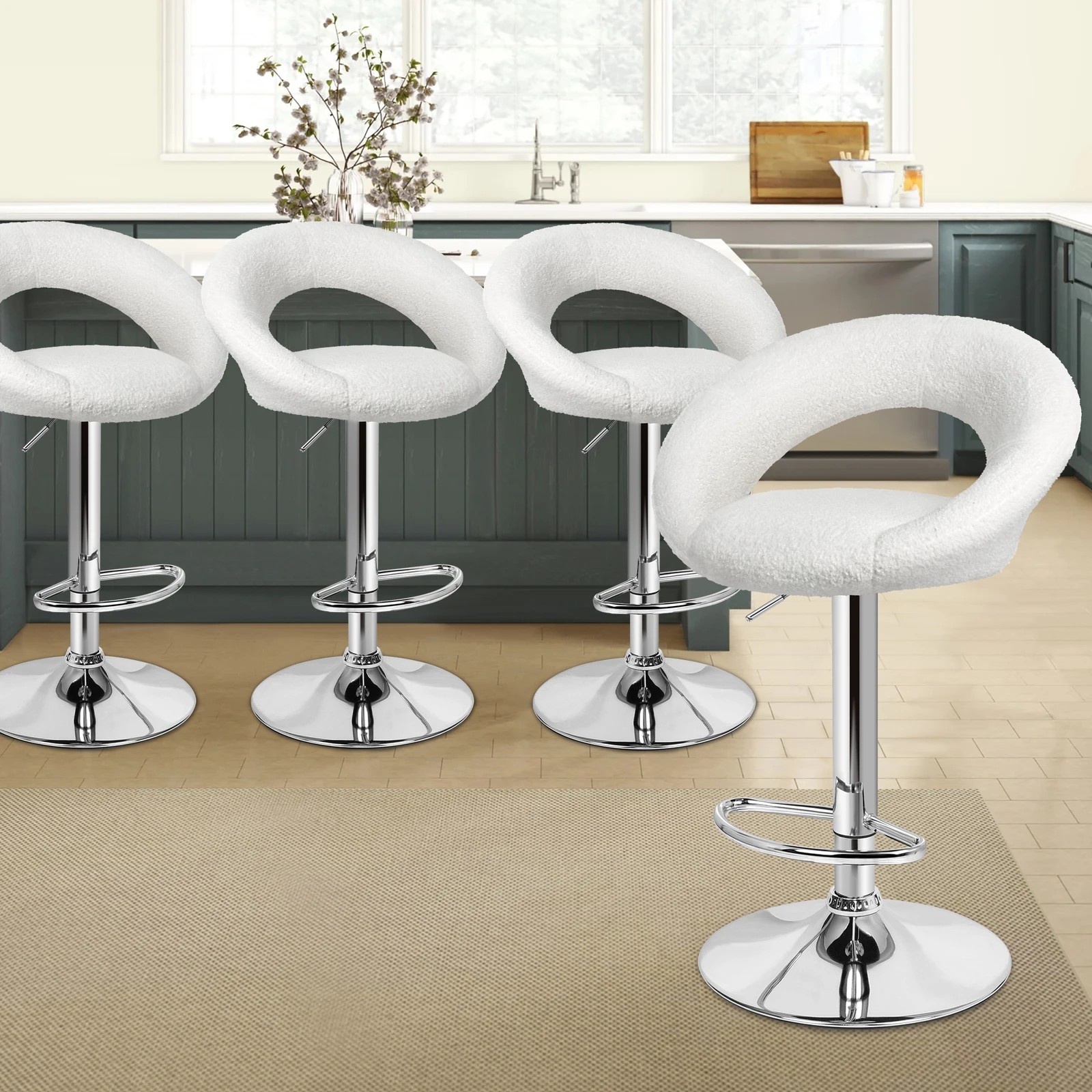 6 Alfordson 2x Bar Stools Ovadia Kitchen Swivel Chair Boucle Gas Lift - White, 6 of 8