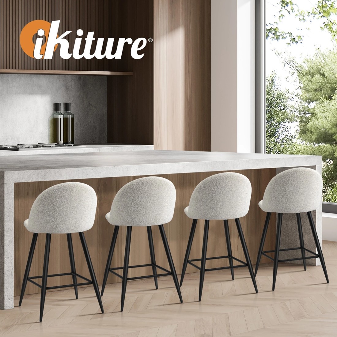 4 Oikiture 2x Bar Stools Kitchen Dining Chairs Counter Stool Boucle Padded
 - White, 4 of 7