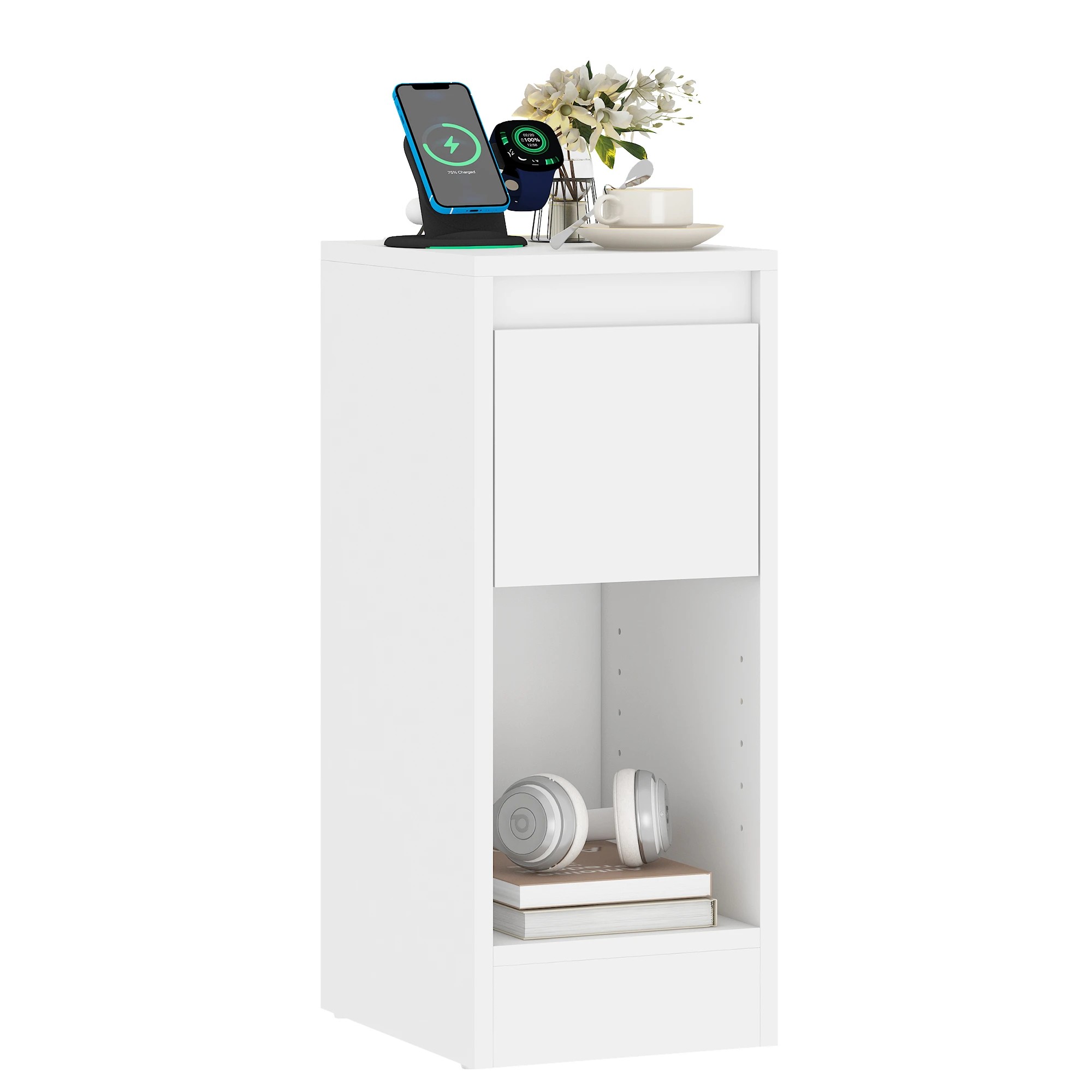 2 Advwin LED End Table Sofa Side Table with Drawers Narrow Bedside Table White - White, 2 of 9
