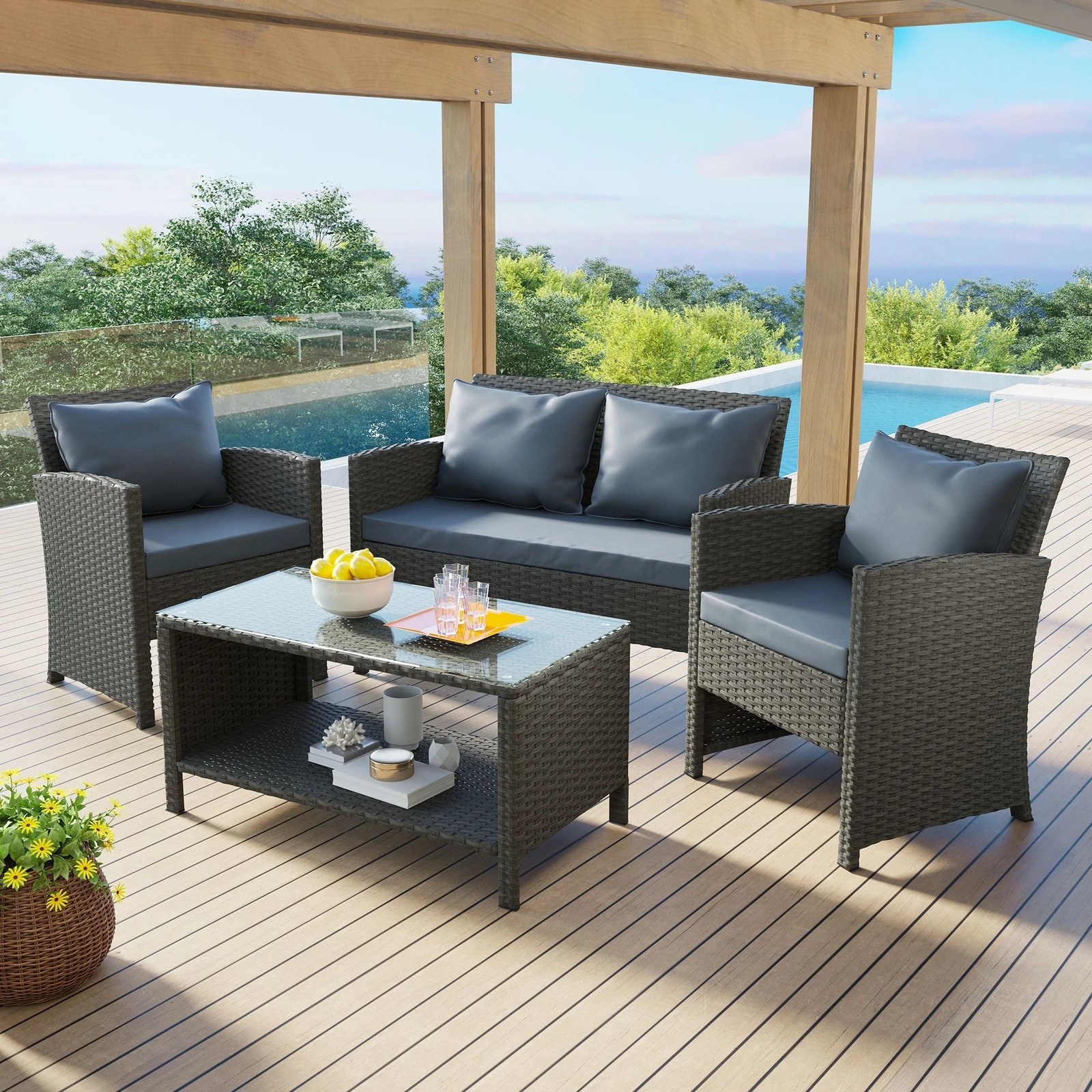 2 Alfordson Outdoor Furniture 4PCS Garden Patio Chairs Table Set Wicker With Pillow - Dark Grey, 2 of 9