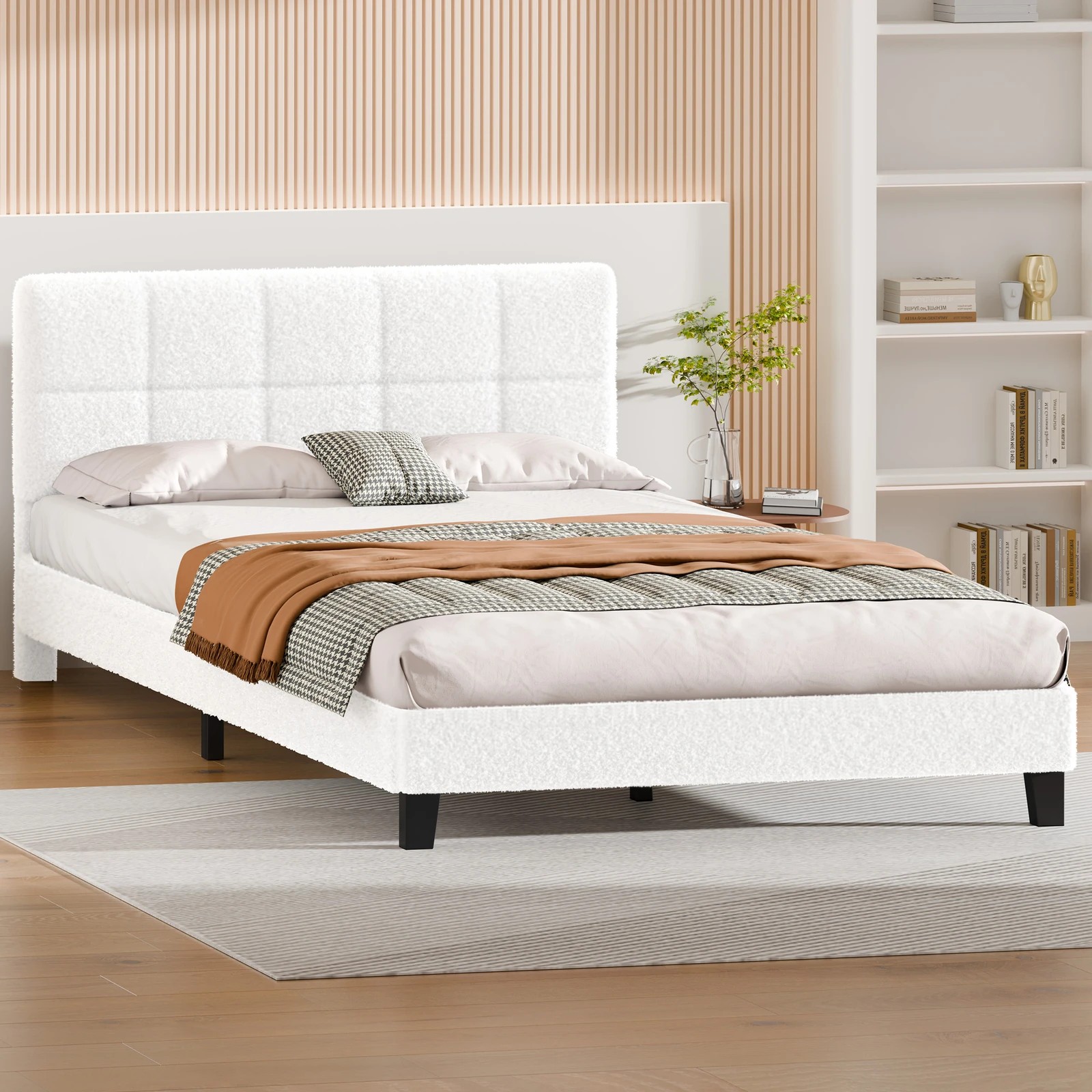 4 Alfordson Bed Frame Queen Size Wooden Slats Platform Boucle Paula - White, 4 of 9