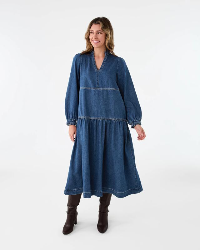 Long Sleeve Denim Notch Neck Maxi D