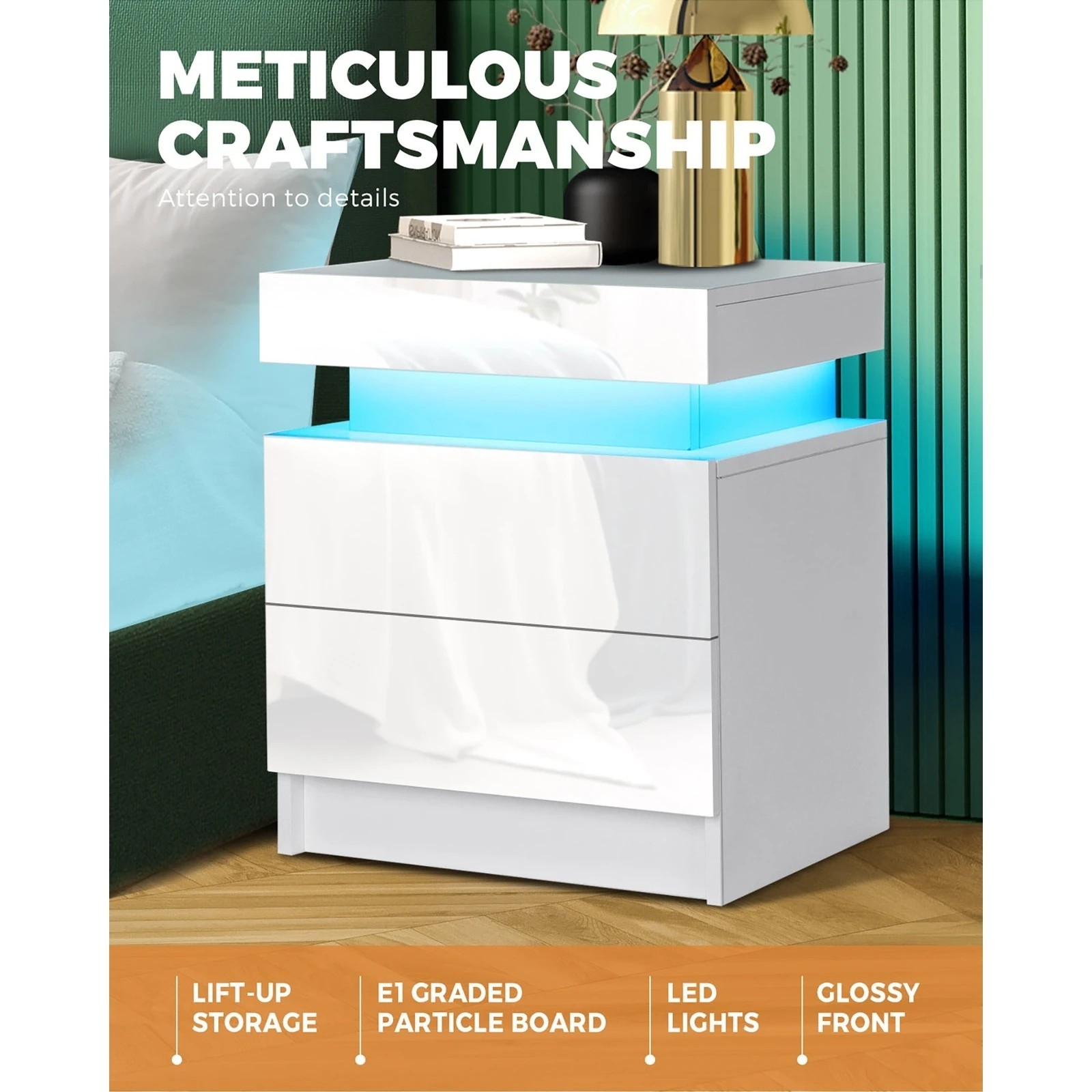 3 Oikiture Bedside Table Rgb Led Nightstand Cabinet 2 Drawers
 - White, 3 of 8