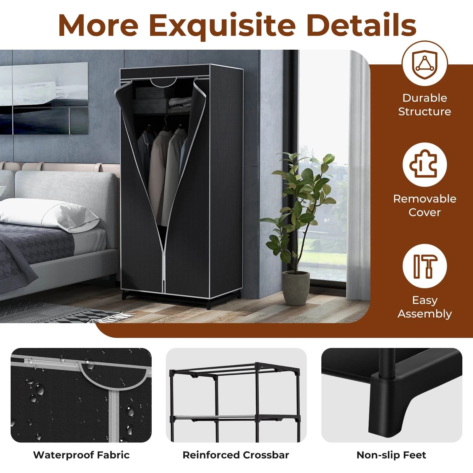 6 Costway Fabric Wardrobe Folding Garment Cabinet Clothes Rack, 6 of 6