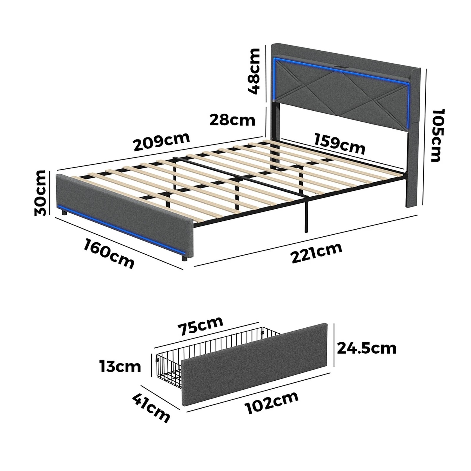 2 Oikiture Bed Frame Queen Size RGB LED Storage Headboard 4 Drawers USB Charge - Grey, 2 of 5