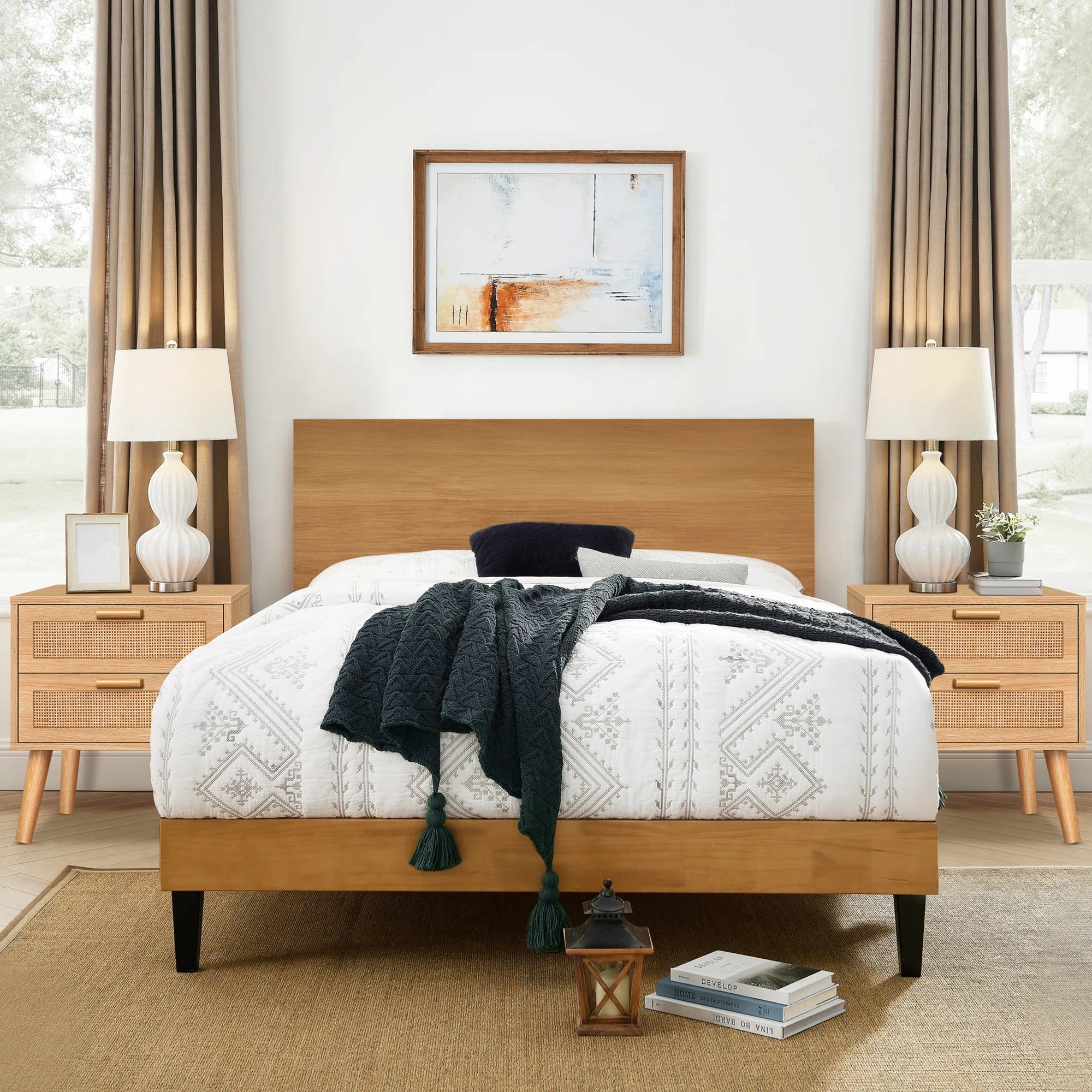 3 Alfordson Bedside Table Nightstand Side Storage Cabinet Boho Rattan - Wood, 3 of 10