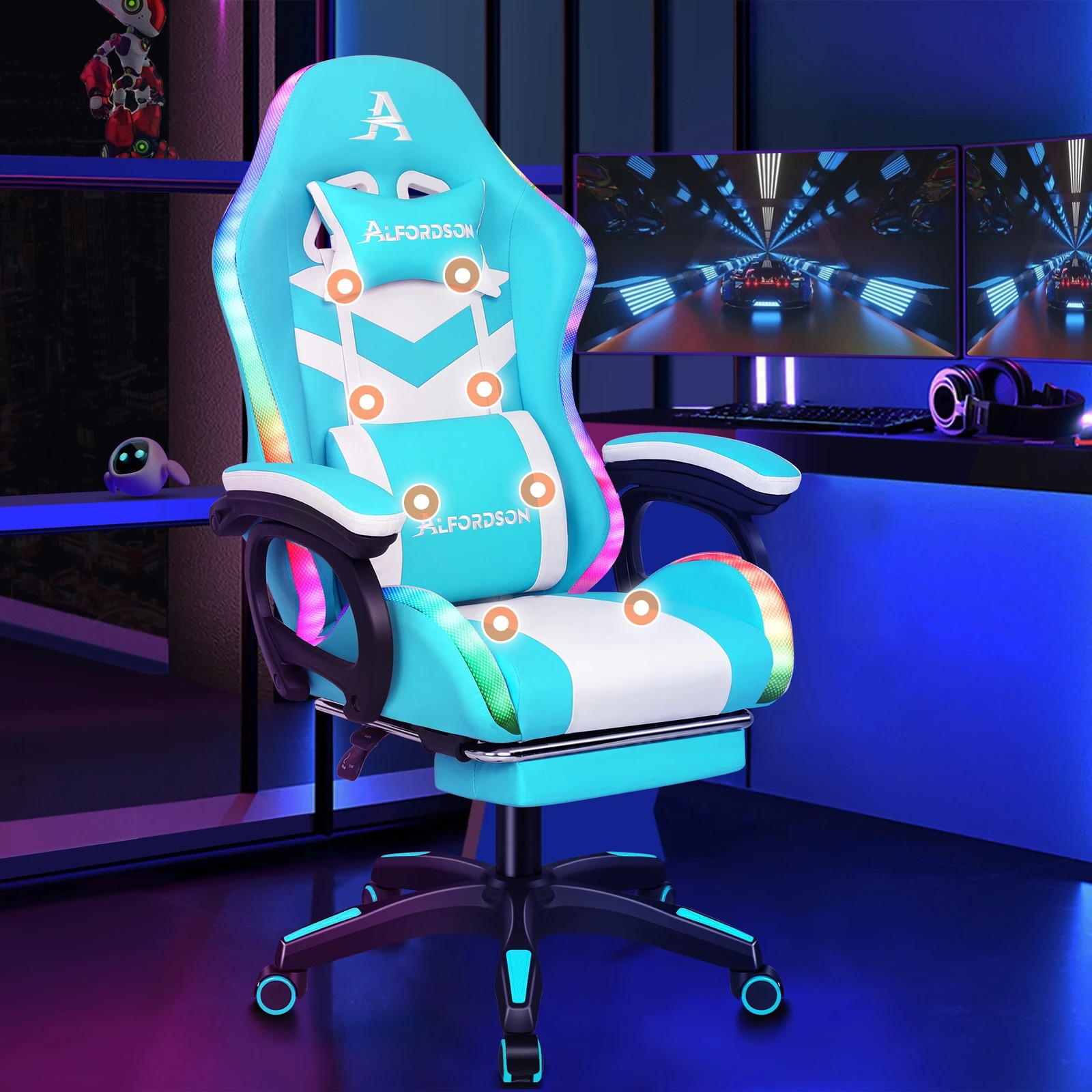 3 Alfordson Gaming Office Chair Massage 12 RGB LED Computer Seat Footrest - Cyan White, 3 of 10