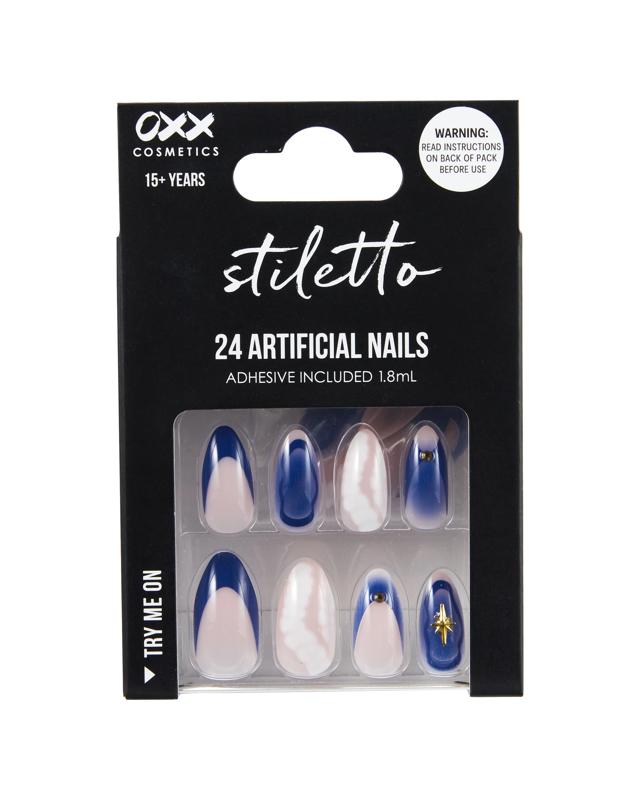 OXX Cosmetics 24 Pack Artificial Nails with Adhesive - Stiletto Shape, Midnight S