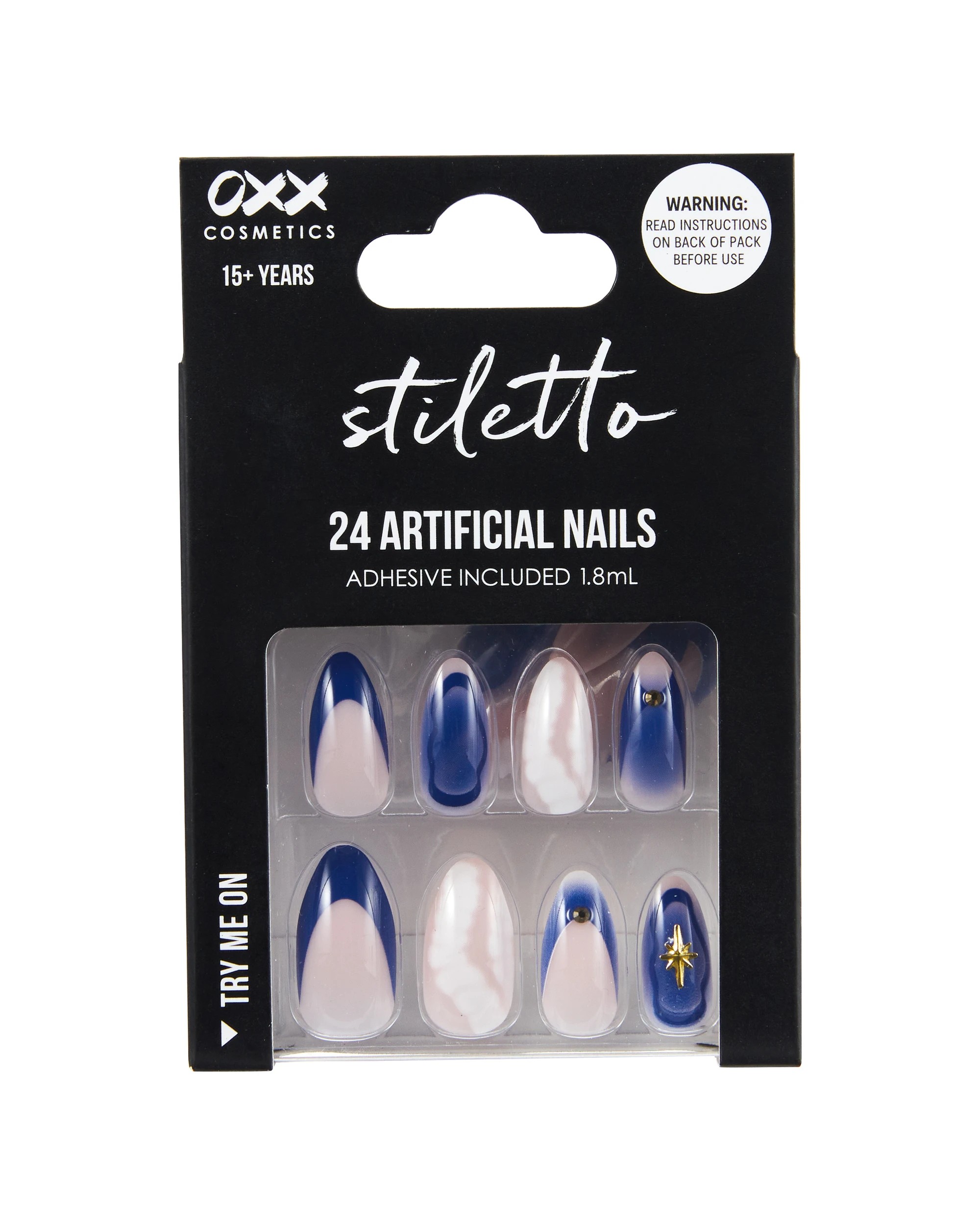 1 OXX Cosmetics 24 Pack Artificial Nails with Adhesive - Stiletto Shape, Midnight Stars, 1 of 4