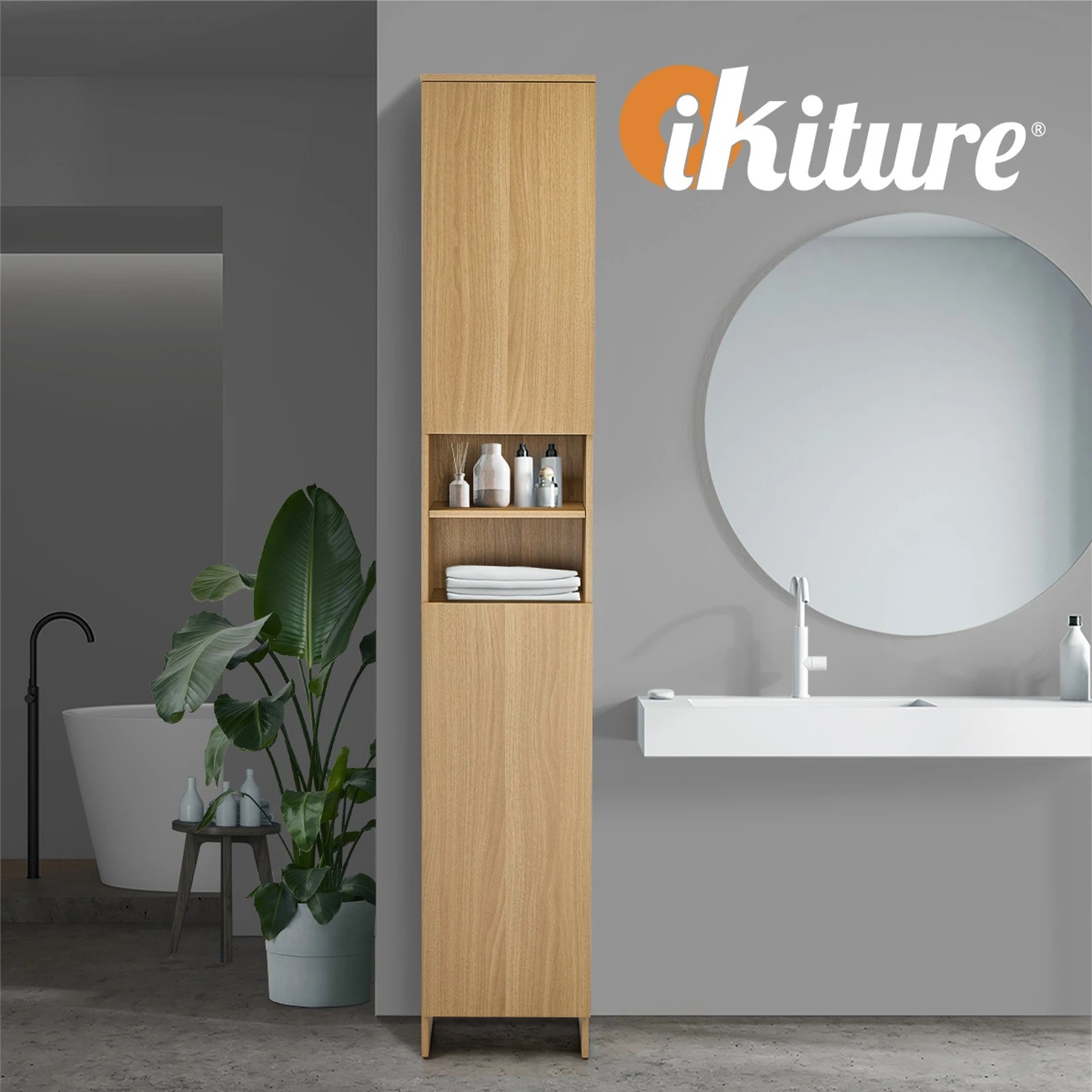 6 Oikiture Bathroom Cabinet Storage Laundry Tall Slim Floor Cupboard
 - natural, 6 of 10