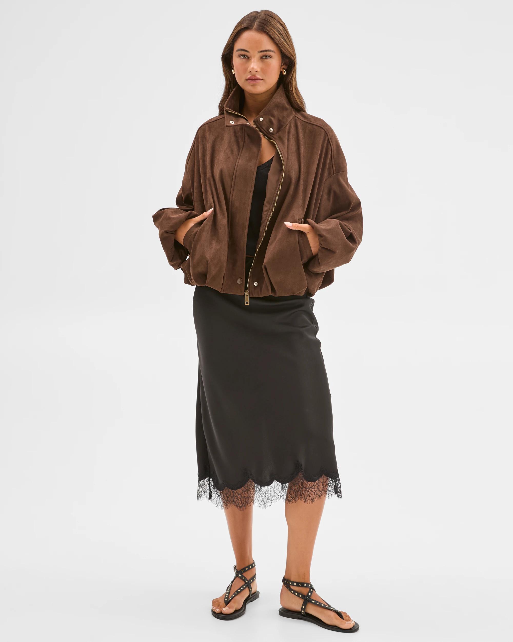 2 Lily Loves Faux Suede Bomber Jacket DARK COCOA, 2 of 7