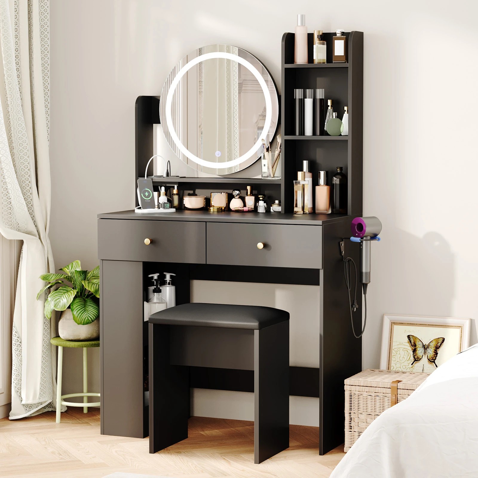 2 Advwin Dressing Table Set with LED Lighted Round Mirror - Black, 2 of 9