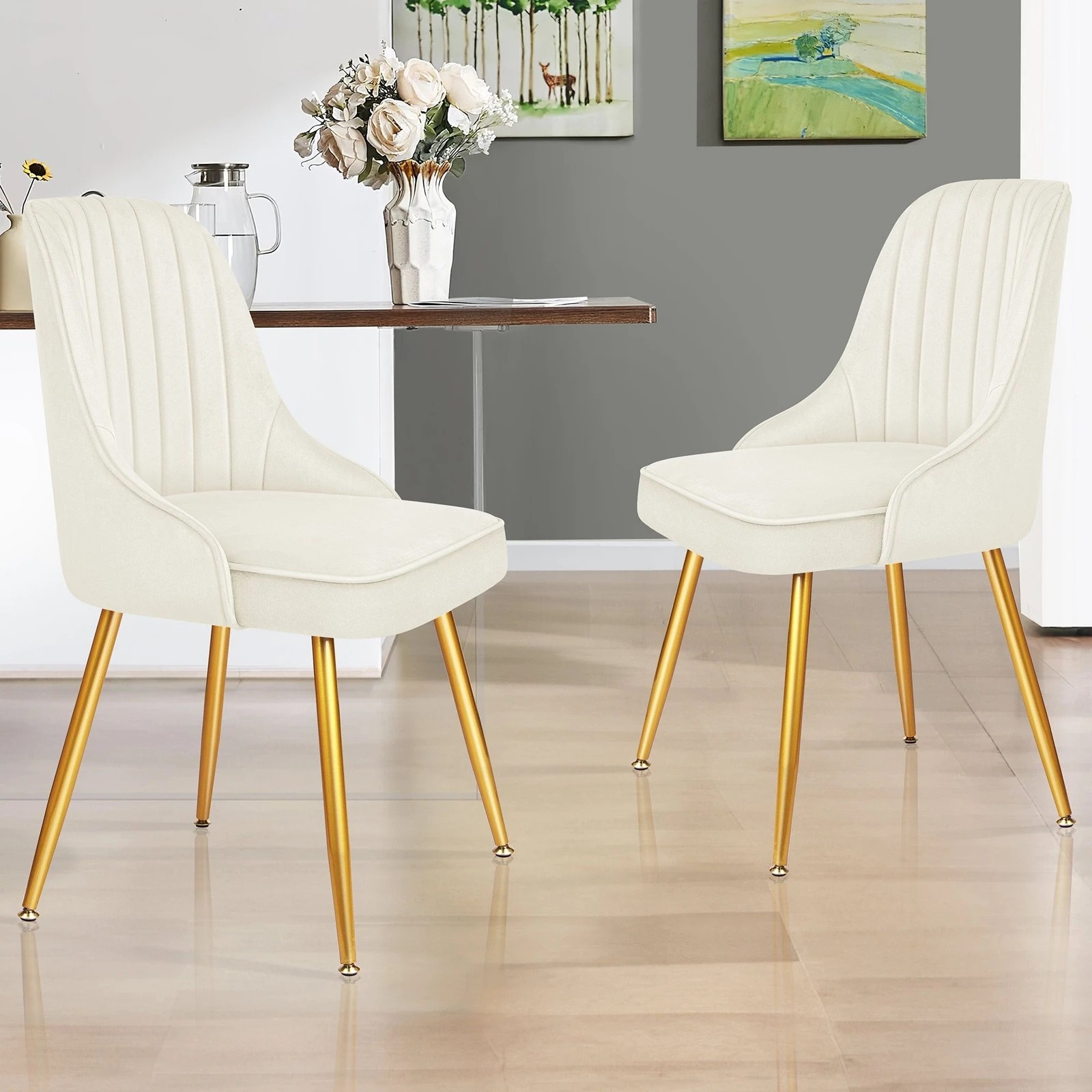 2 Alfordson 2x Dining Chairs Kitchen Accent Lounge Padded Tufted Seat Velvet - Beige, 2 of 10