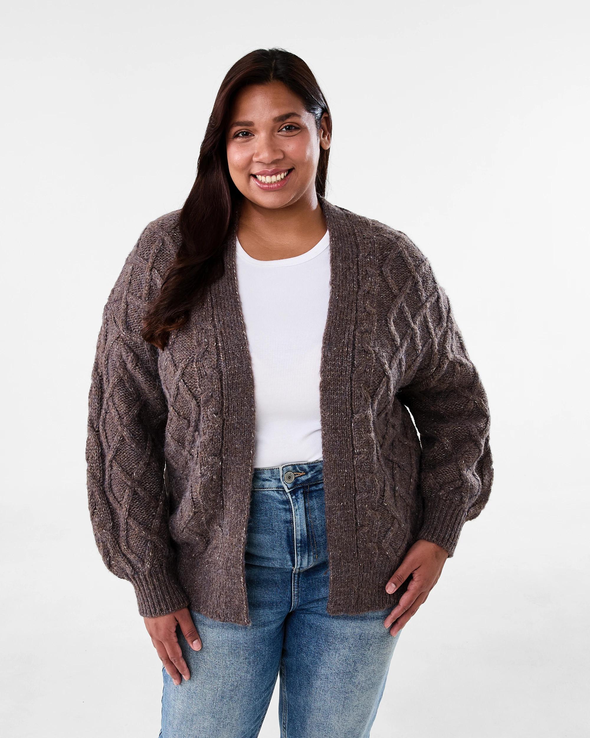 1 Curve Cable Knit Cardigan Taupe Mrl, 1 of 6