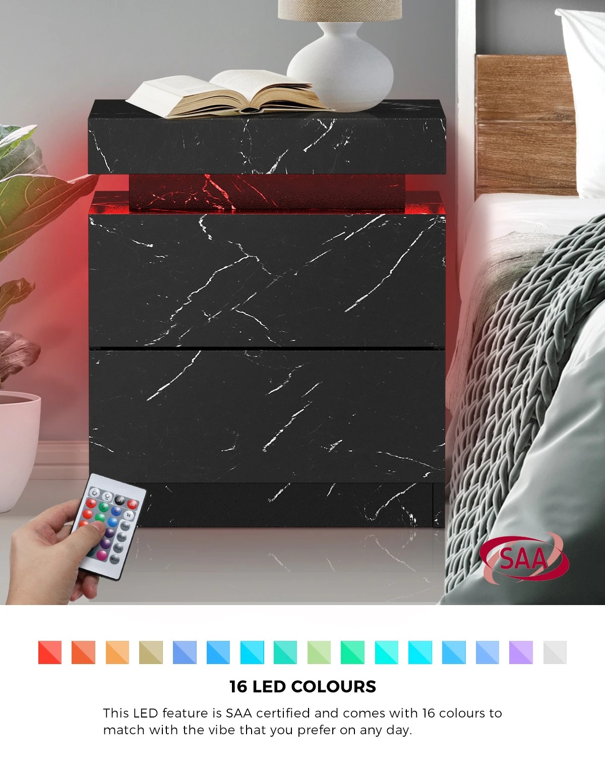 3 Oikiture Bedside Table 2 Drawers Led Side Nightstand Marble Effect
 - Black, 3 of 10